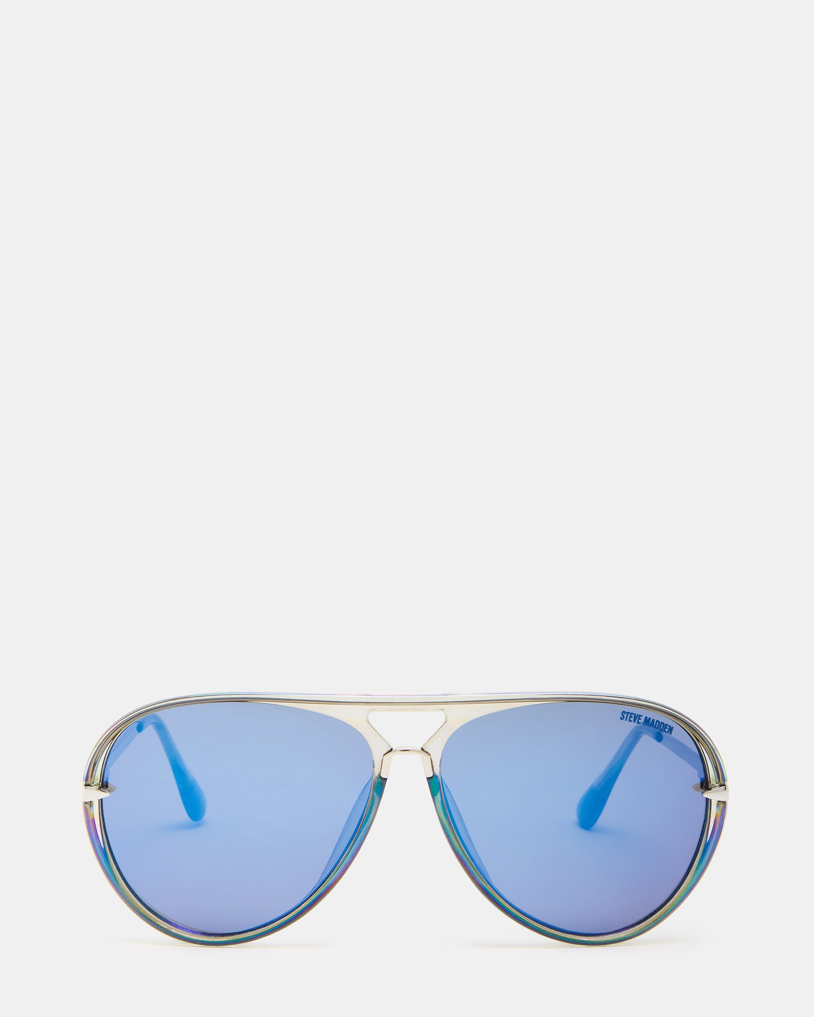 Front angle of iridescent grey sunglasses with blue flash lenses
