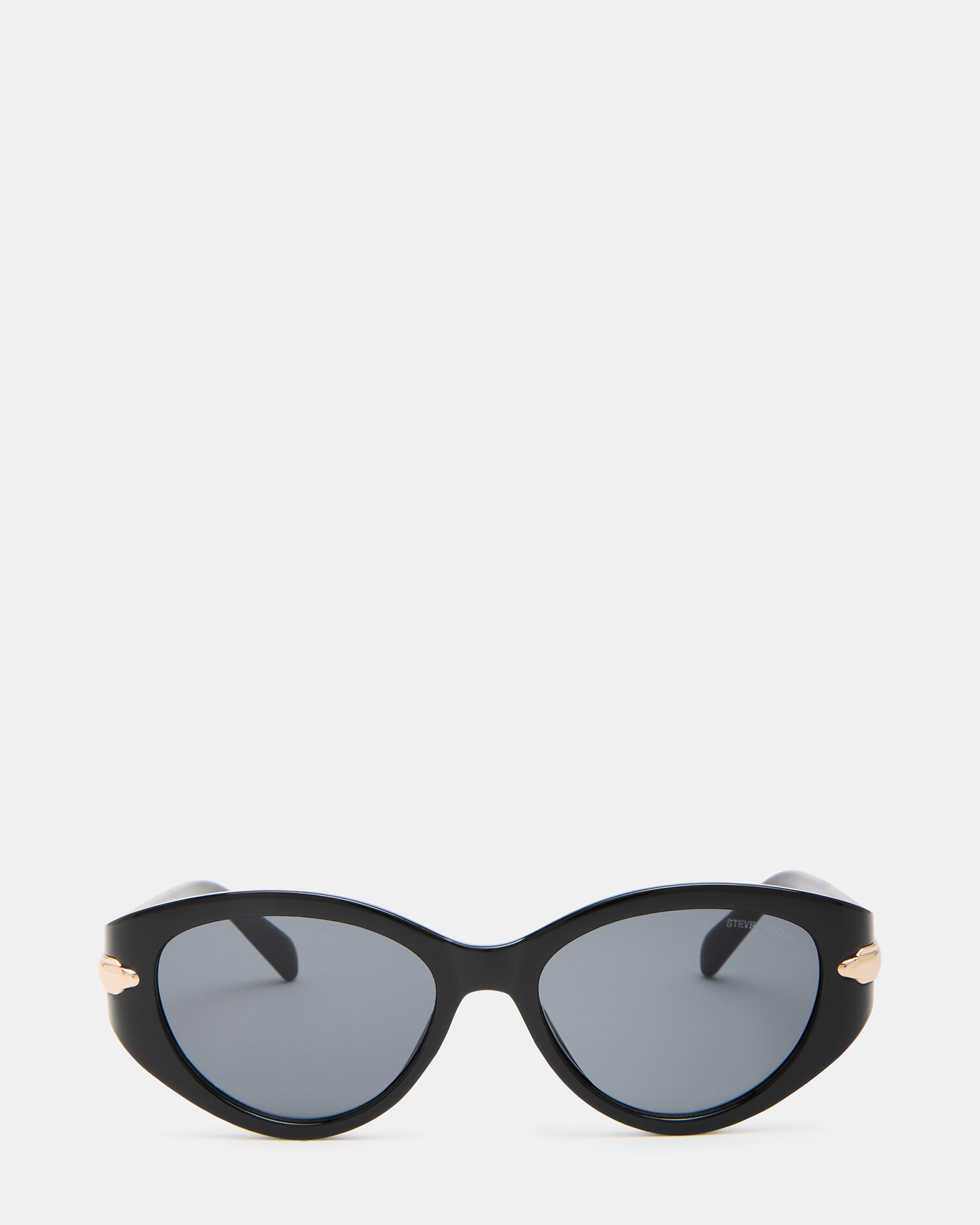 Front view of sleek black sunglasses with smoke lenses.