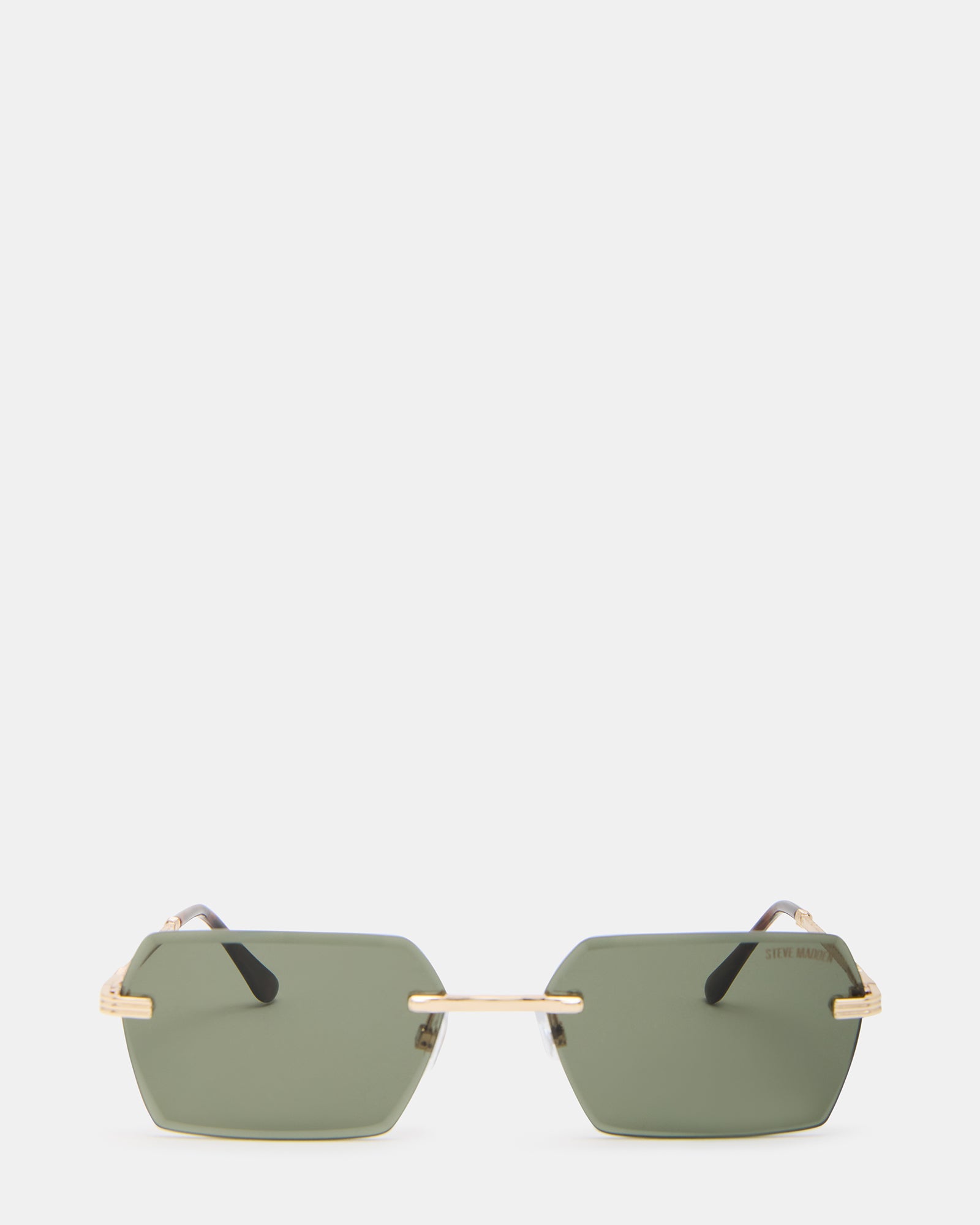 Front view of Finnians gold sunglasses with tortoise design and green lenses