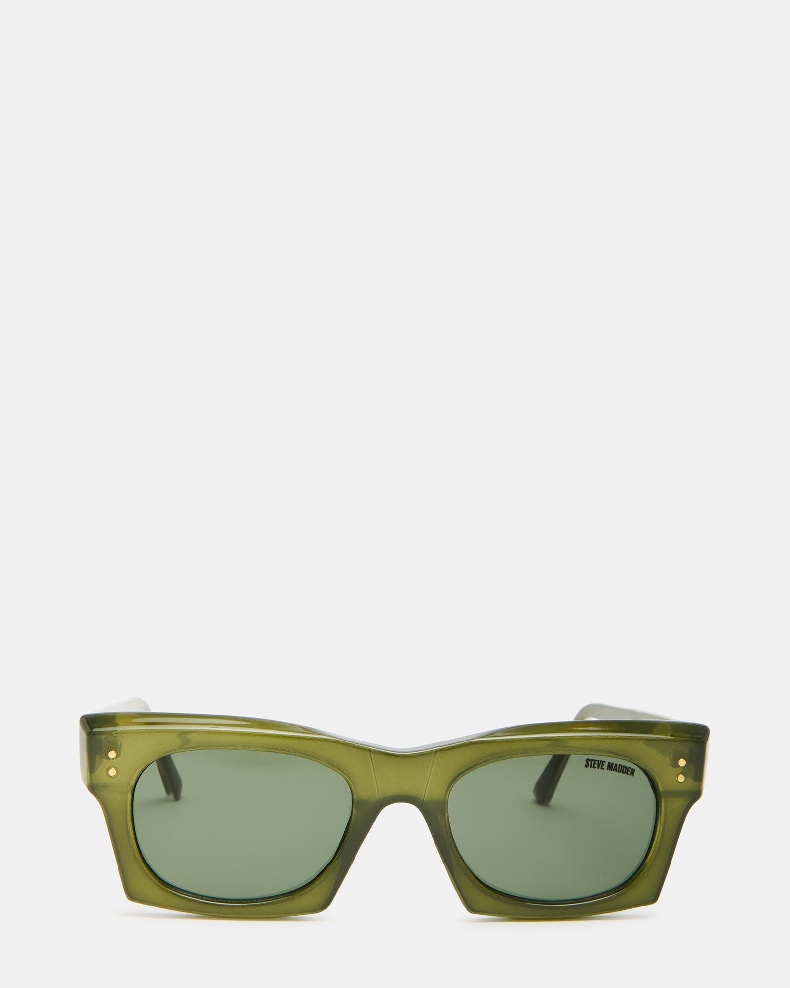 Front view of stylish green sunglasses with UV protection.