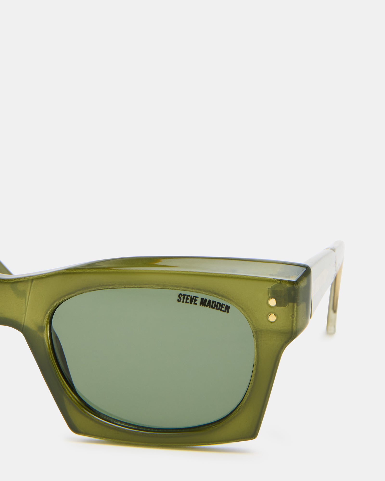 Side angle of green sunglasses showcasing sleek design and fit.