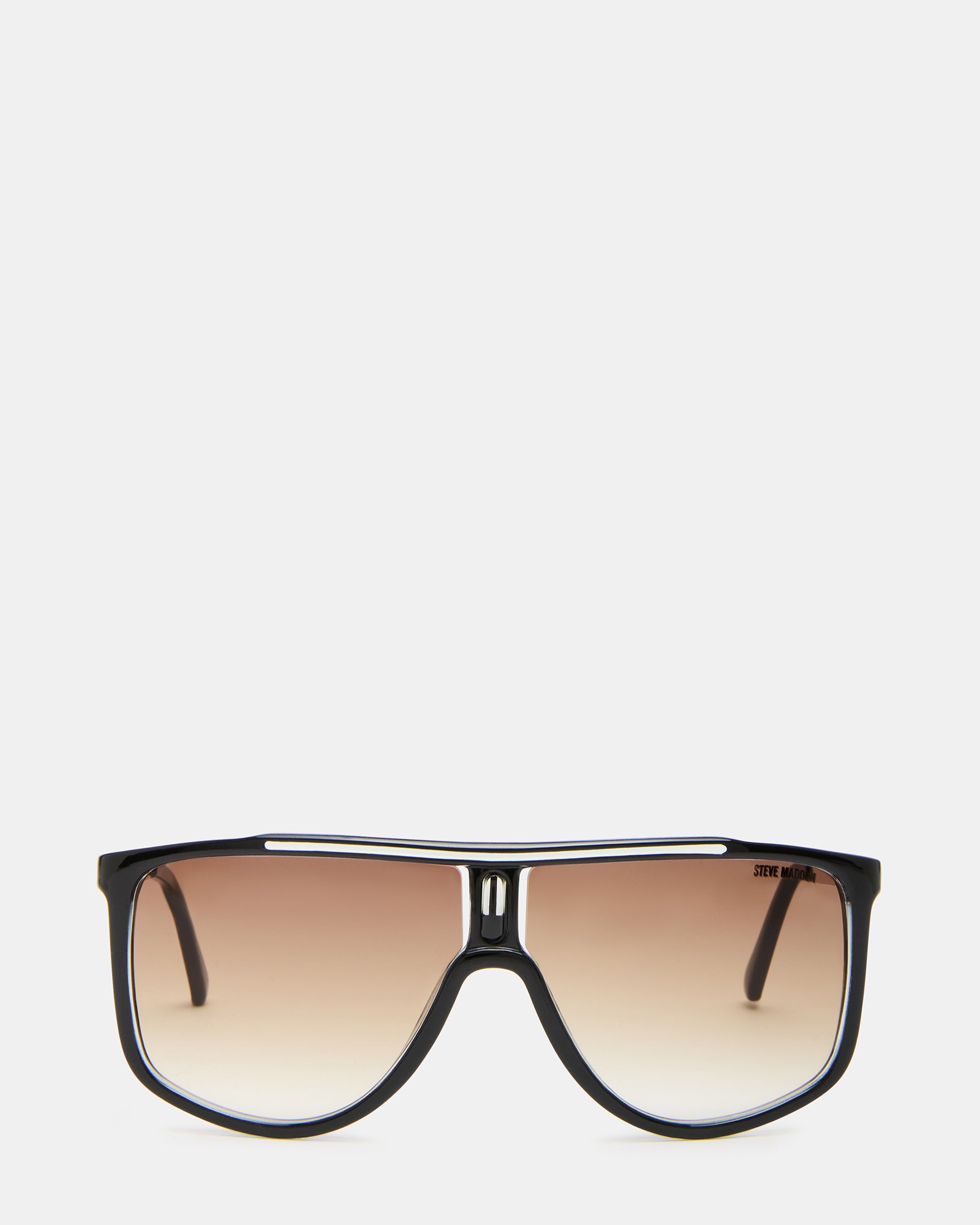 Front view of square sunglasses with black and white enamel frame and brown gradient lenses