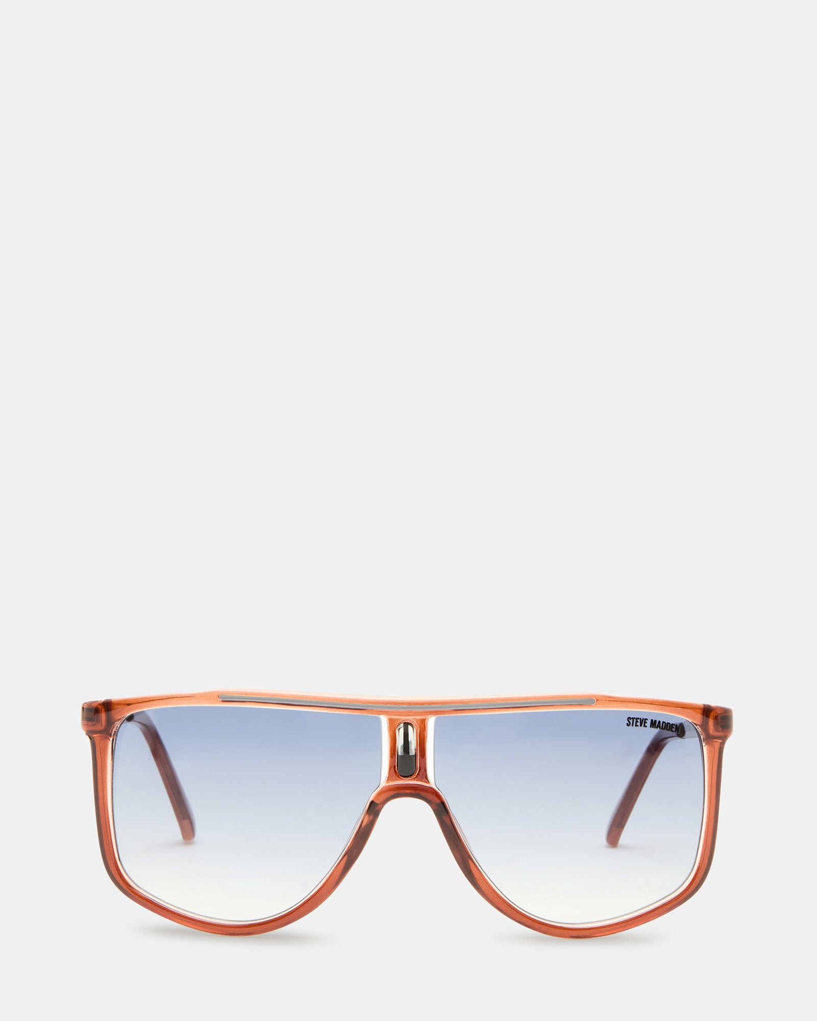 Close-up of vibrant red frame trendy sunglasses with smoke gradient lenses.