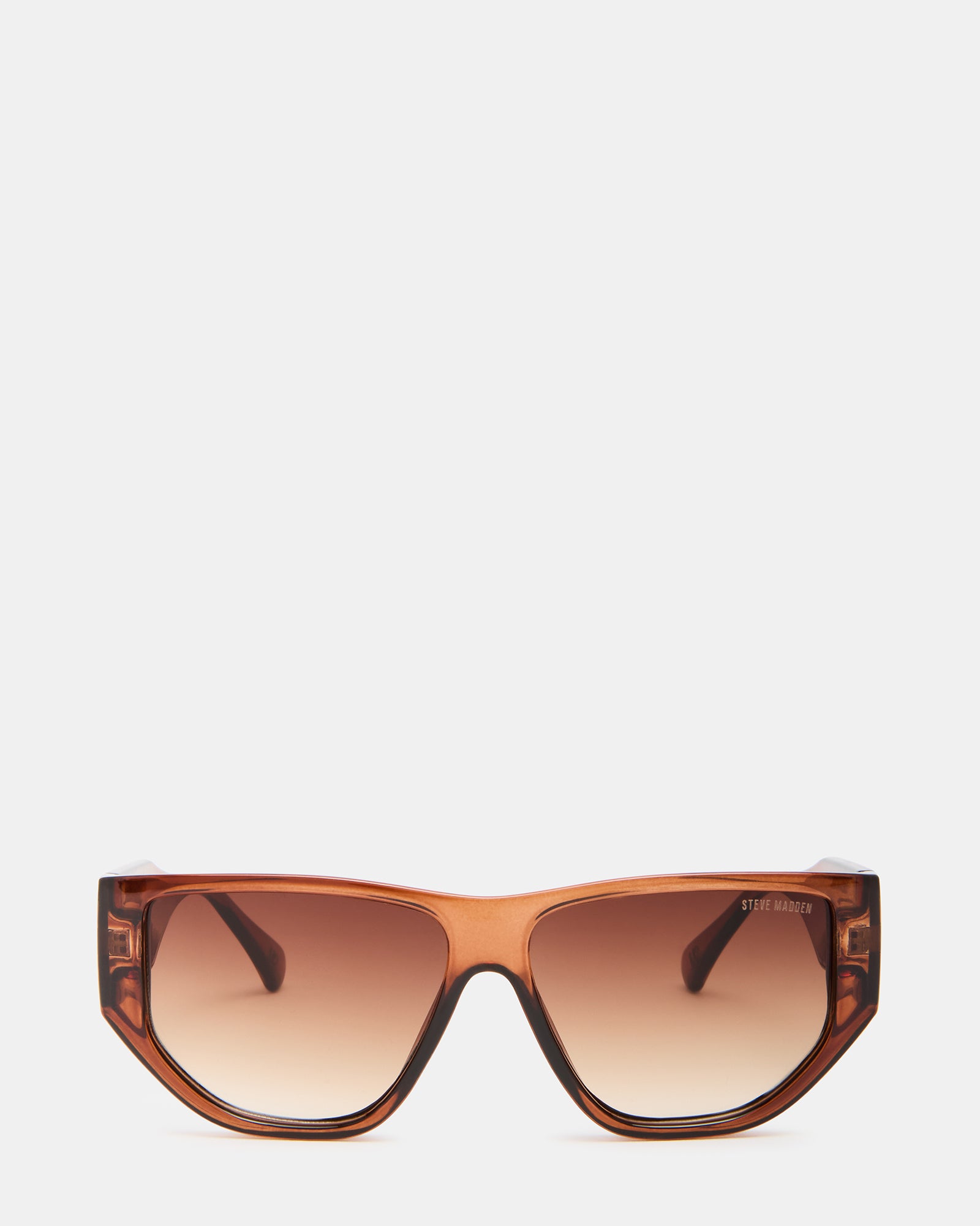 Front view of stylish brown aviator sunglasses on a wooden table.