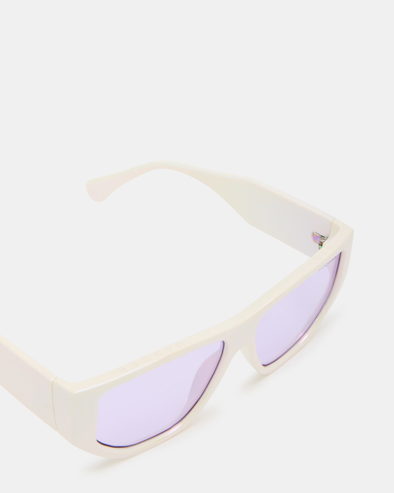 Side profile of mirrored sunglasses highlighting the iridescent frame