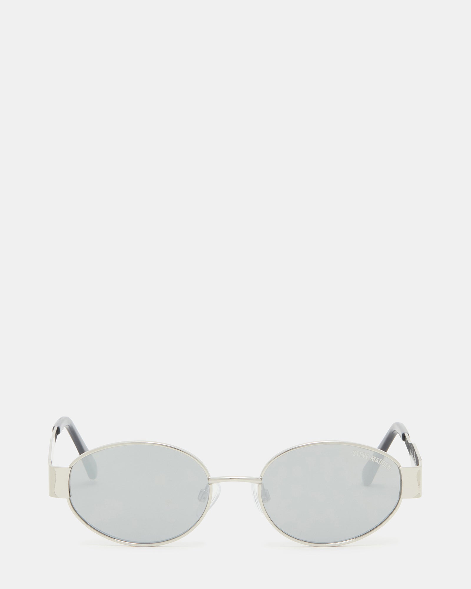 Silver aviator sunglasses with shiny metal frame on a sunny outdoor background