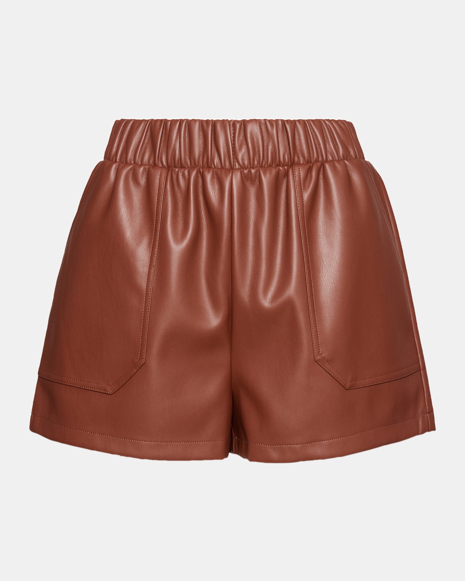 Full view of womens faux leather shorts highlighting length and fit