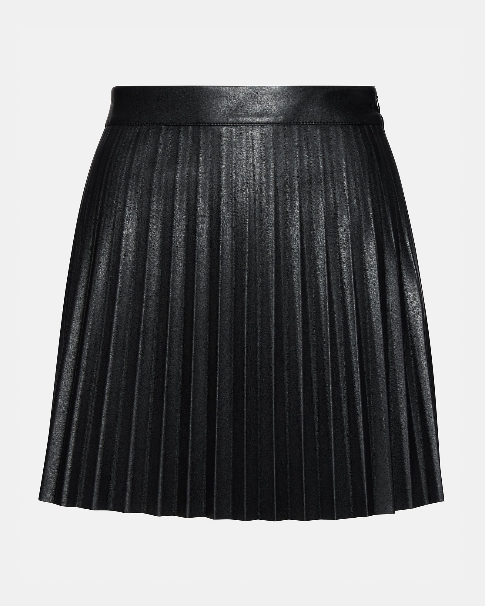 Black pleated mini skirt with raw hem detail on a model for a stylish daytime look