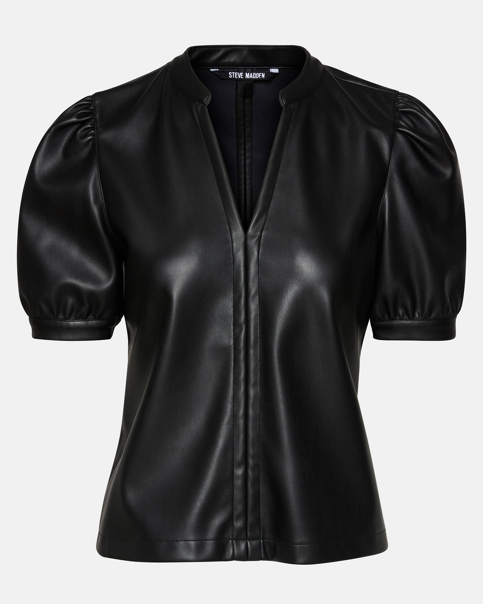 Close-up of faux leather texture and split V-neck detail