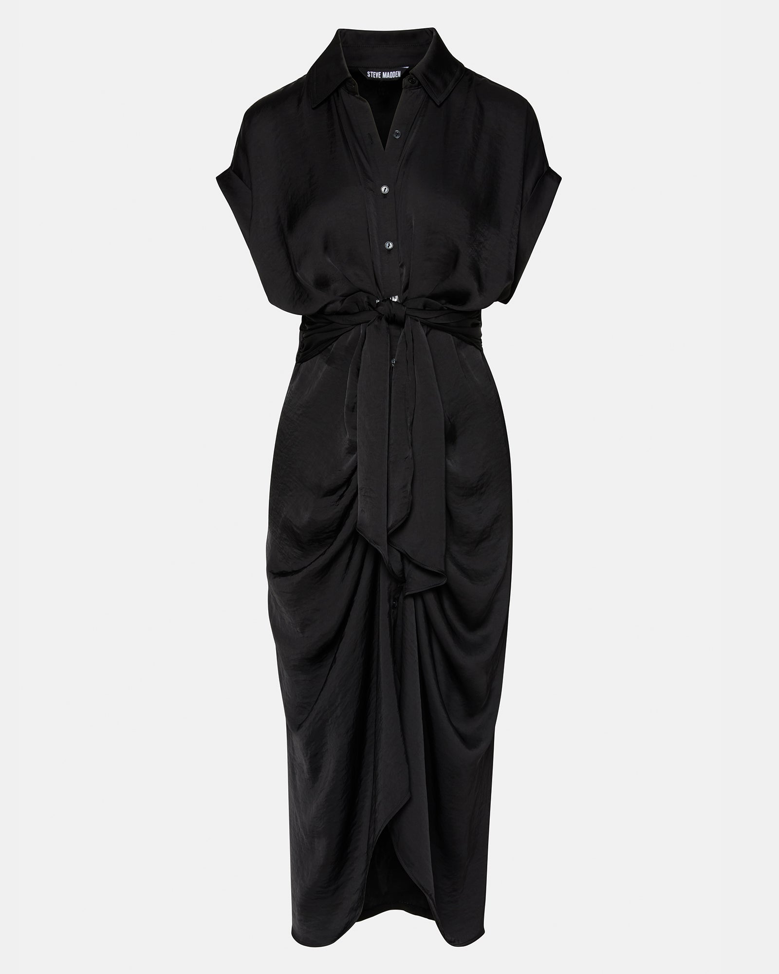 Side view of the Tori black midi shirt dress highlighting the high-low hem.