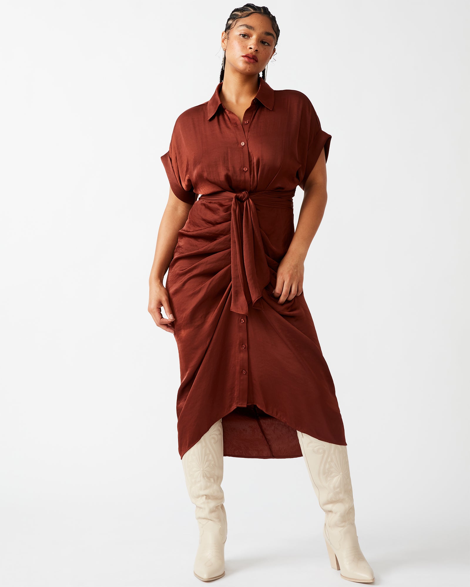 Front view of brown midi dress styled for weekend errands