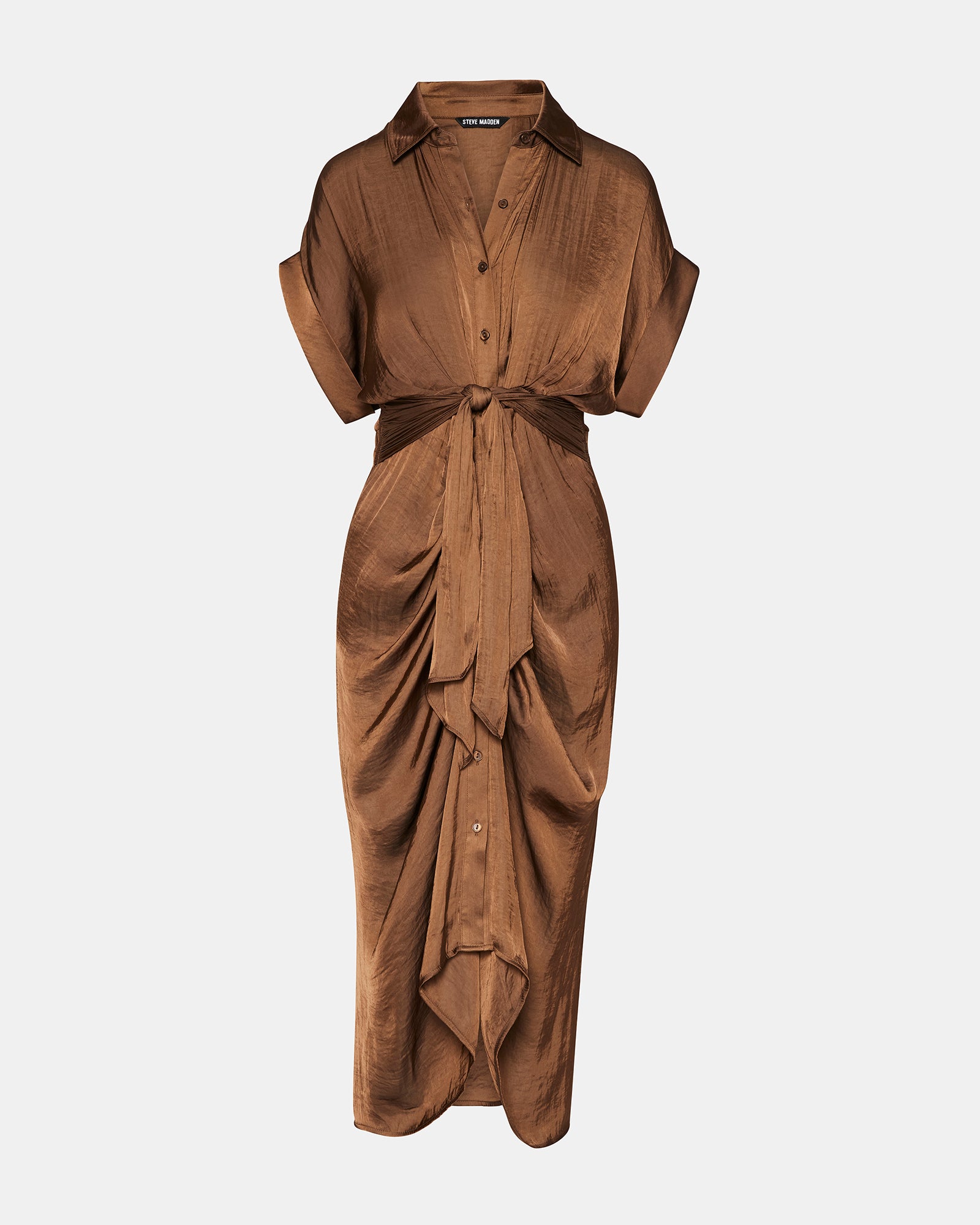 Close-up of the Tori dresss tie-front detail in chocolate brown satin fabric