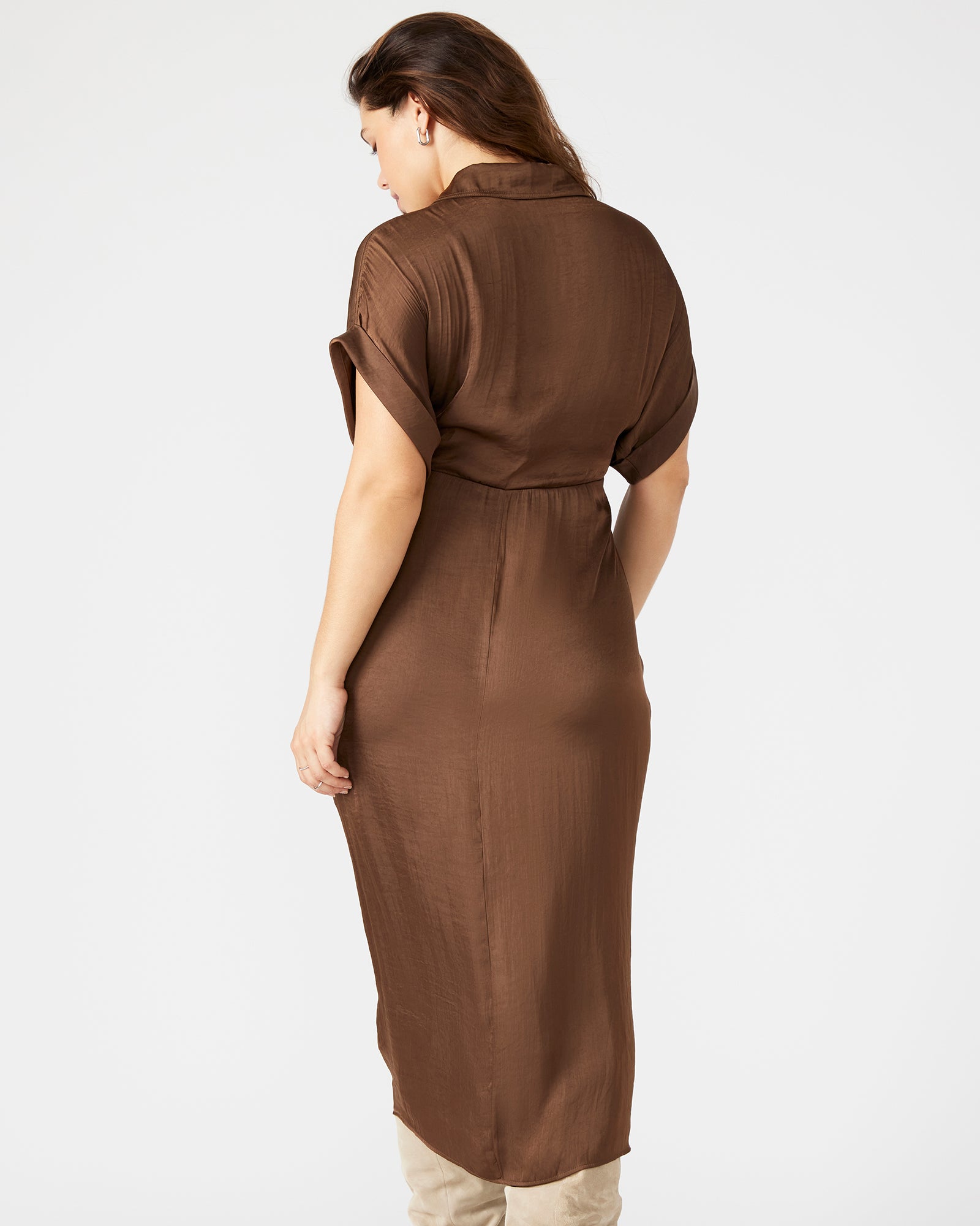 Full-length view of the Tori dress highlighting the high-low hem design