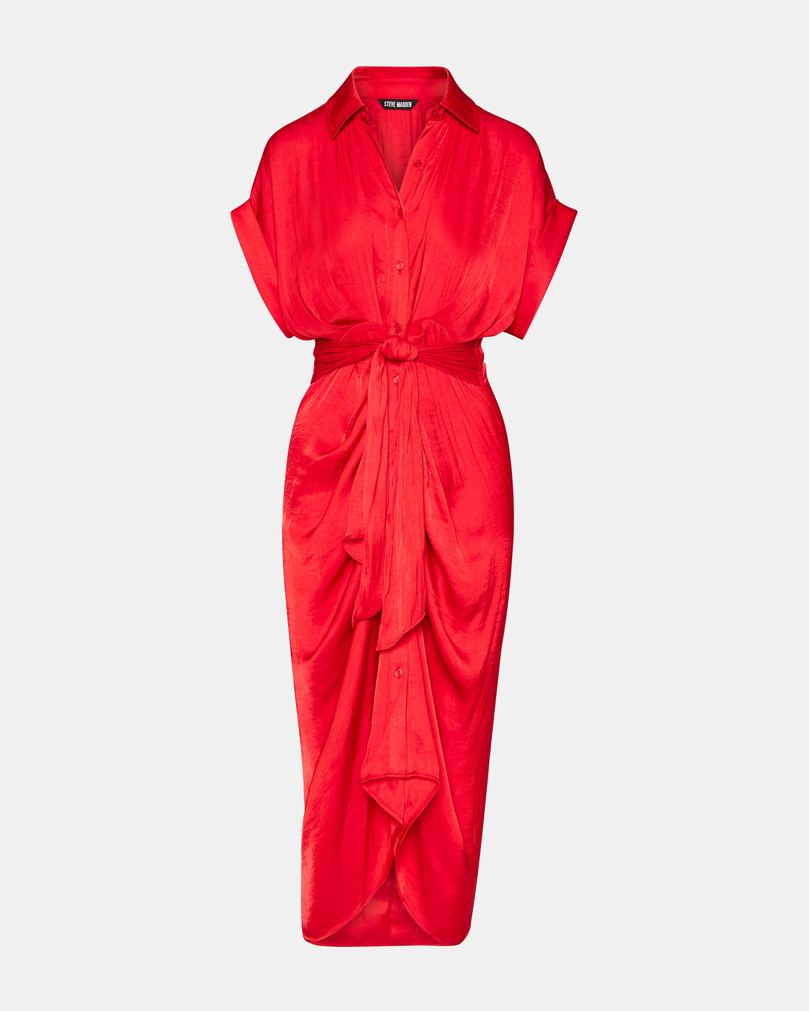 Close-up of the rolled collar and cuffed sleeves on the Tori red dress
