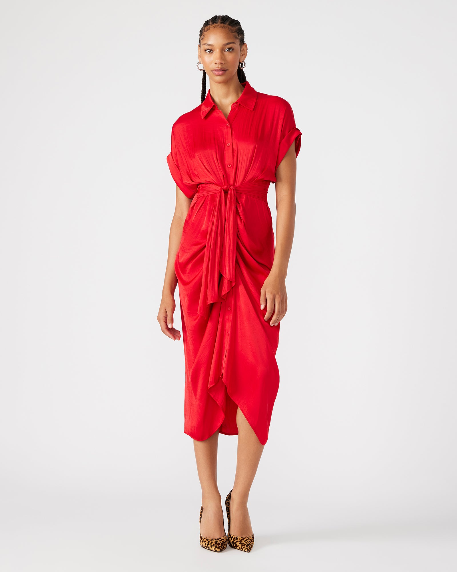 Front view of the Tori red midi dress highlighting the high-low hem and satin finish