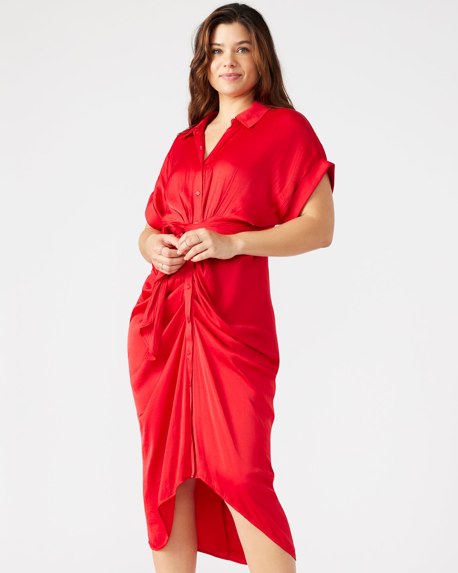 Model wearing the Tori dress with a tie-front waist for a chic daytime look