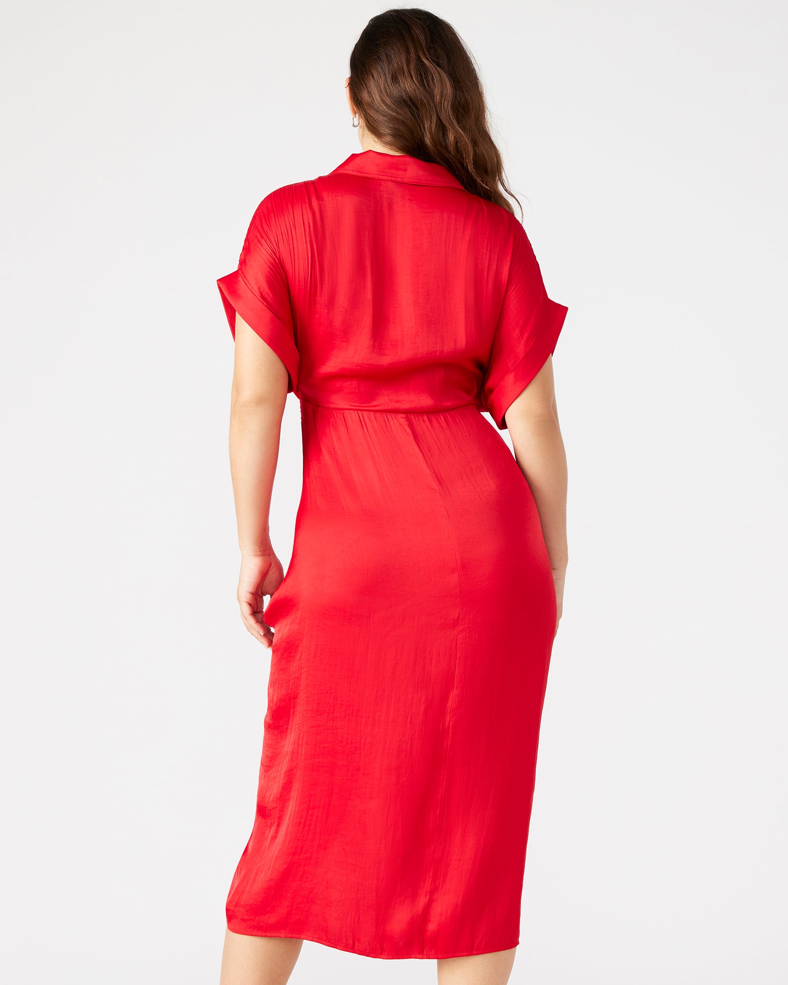 Front view of the Tori red midi dress highlighting the high-low hem and satin finish