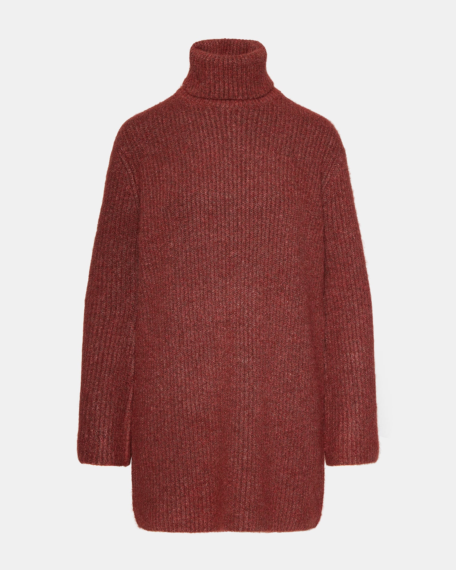 Model in a rust turtleneck mini dress, ideal for fall fashion.