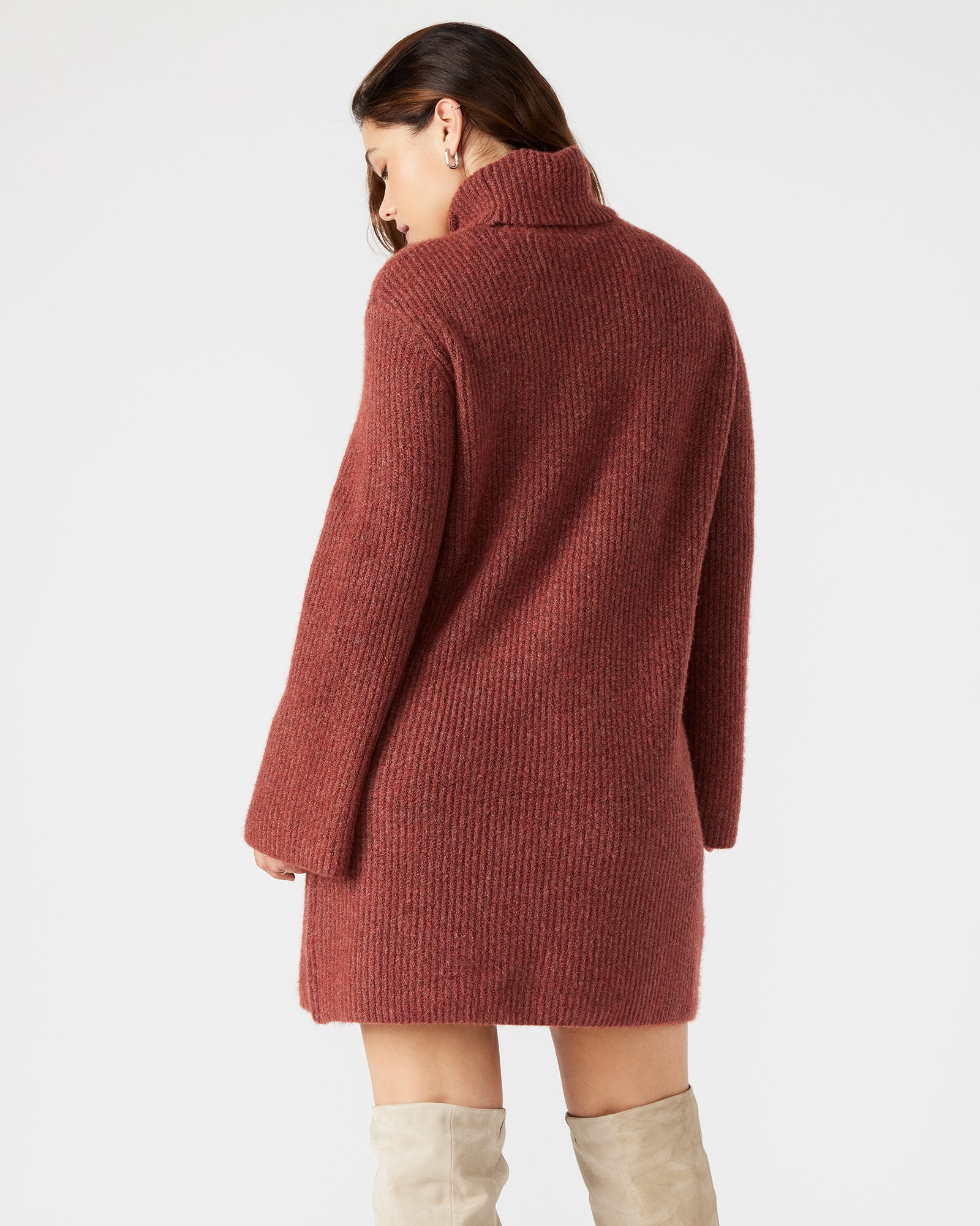 Front view of a chic rust turtleneck sweater dress, perfect for casual wear.