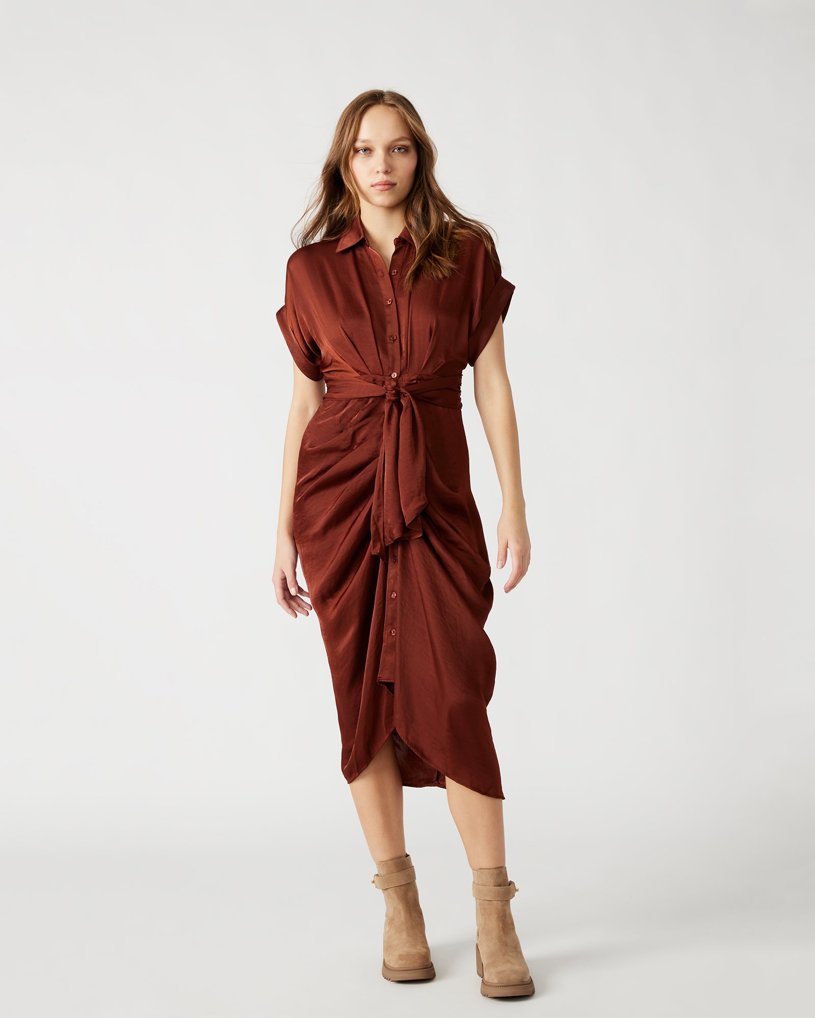 Close-up showing rolled collar and gathered waist detail on shirt dress