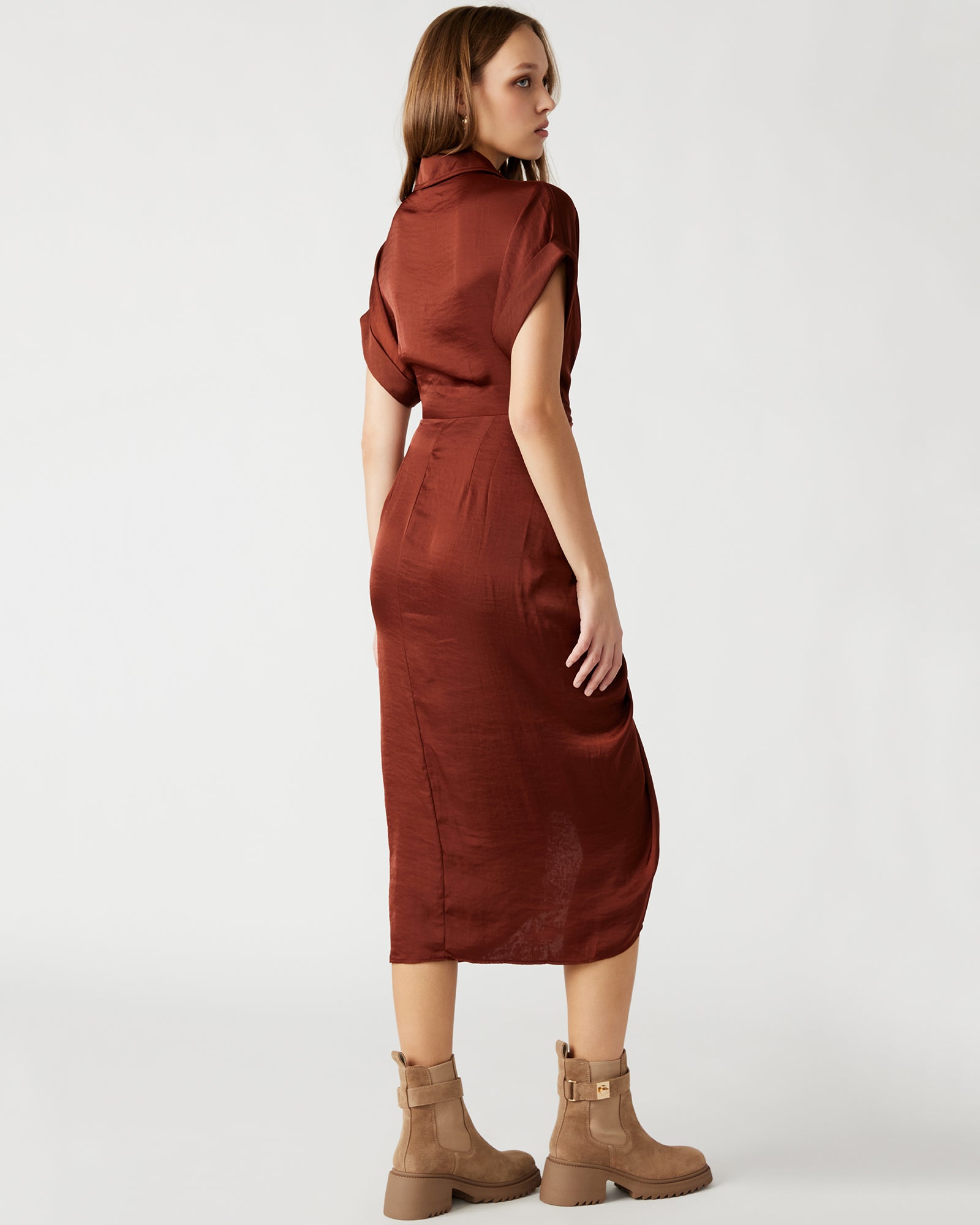 Front view of brown midi dress styled for weekend errands