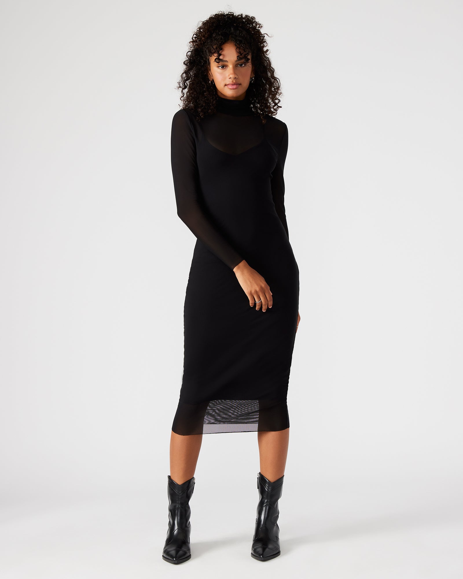 Front view of the VIVIENNE black midi dress with mesh overlay and thumbhole sleeves