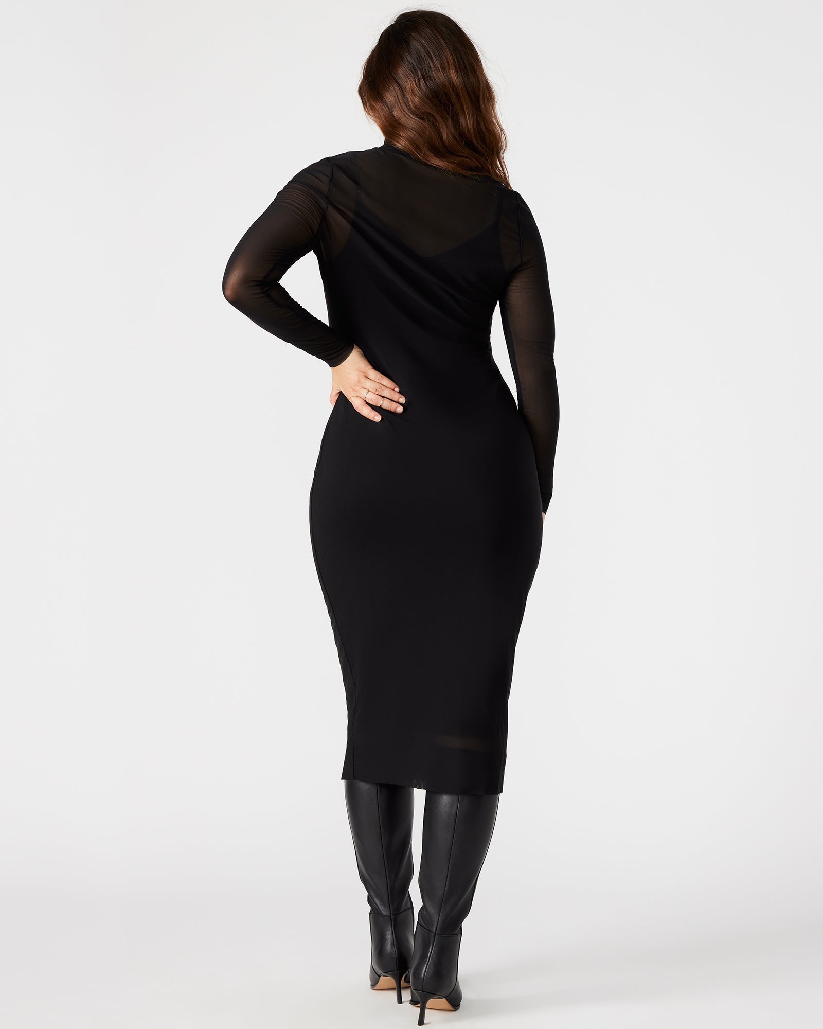 Front view of the VIVIENNE black midi dress with mesh overlay and thumbhole sleeves