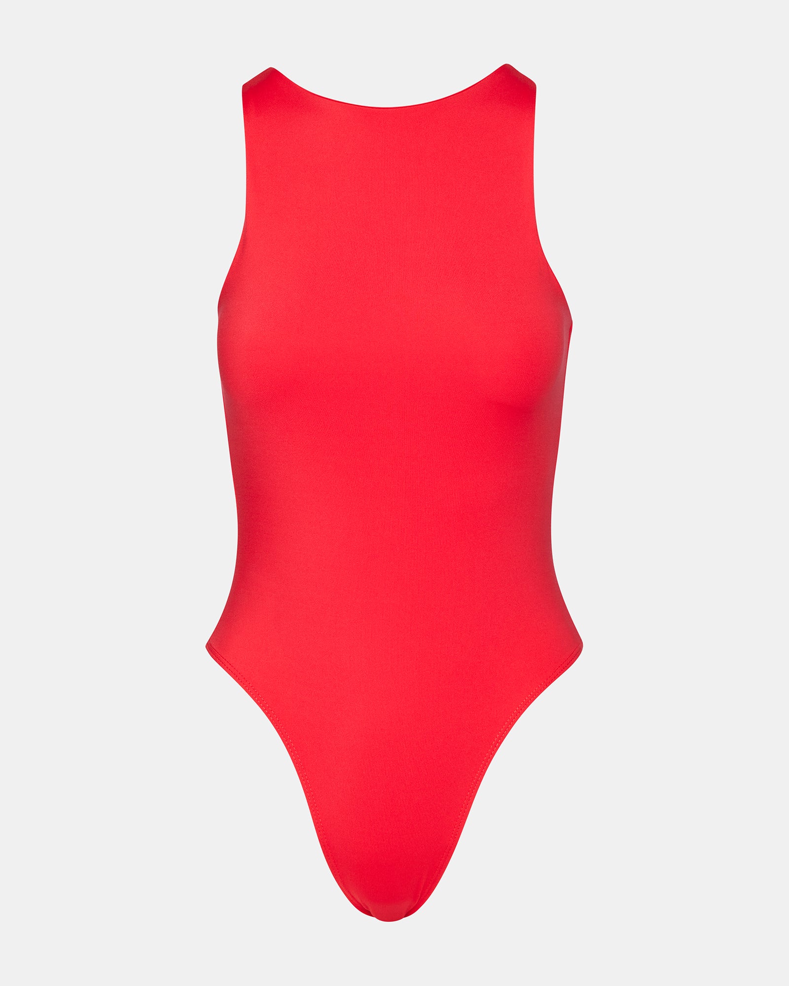 Flat lay of crew neck bodysuit showing bottom snap closure and bust lining detail