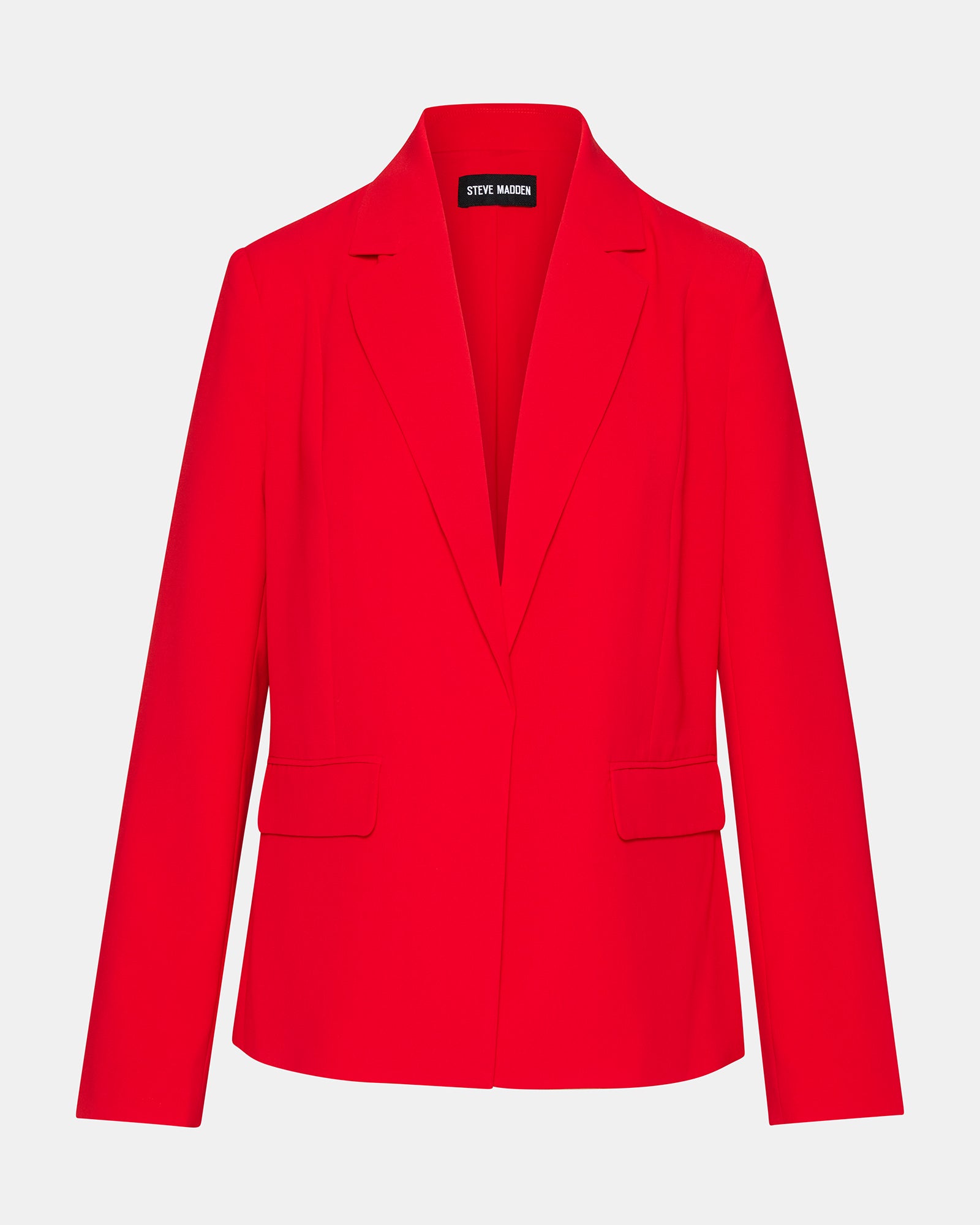 Back view of red blazer dress showing smooth lining and clean silhouette.