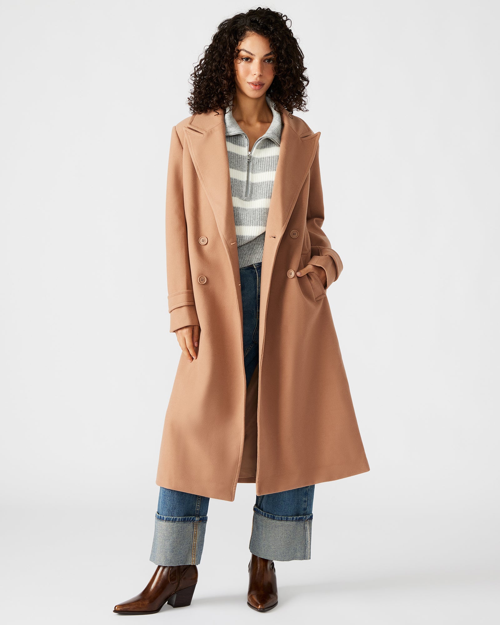 Front view of the elegant camel coat for women, showcasing its double-breasted design.