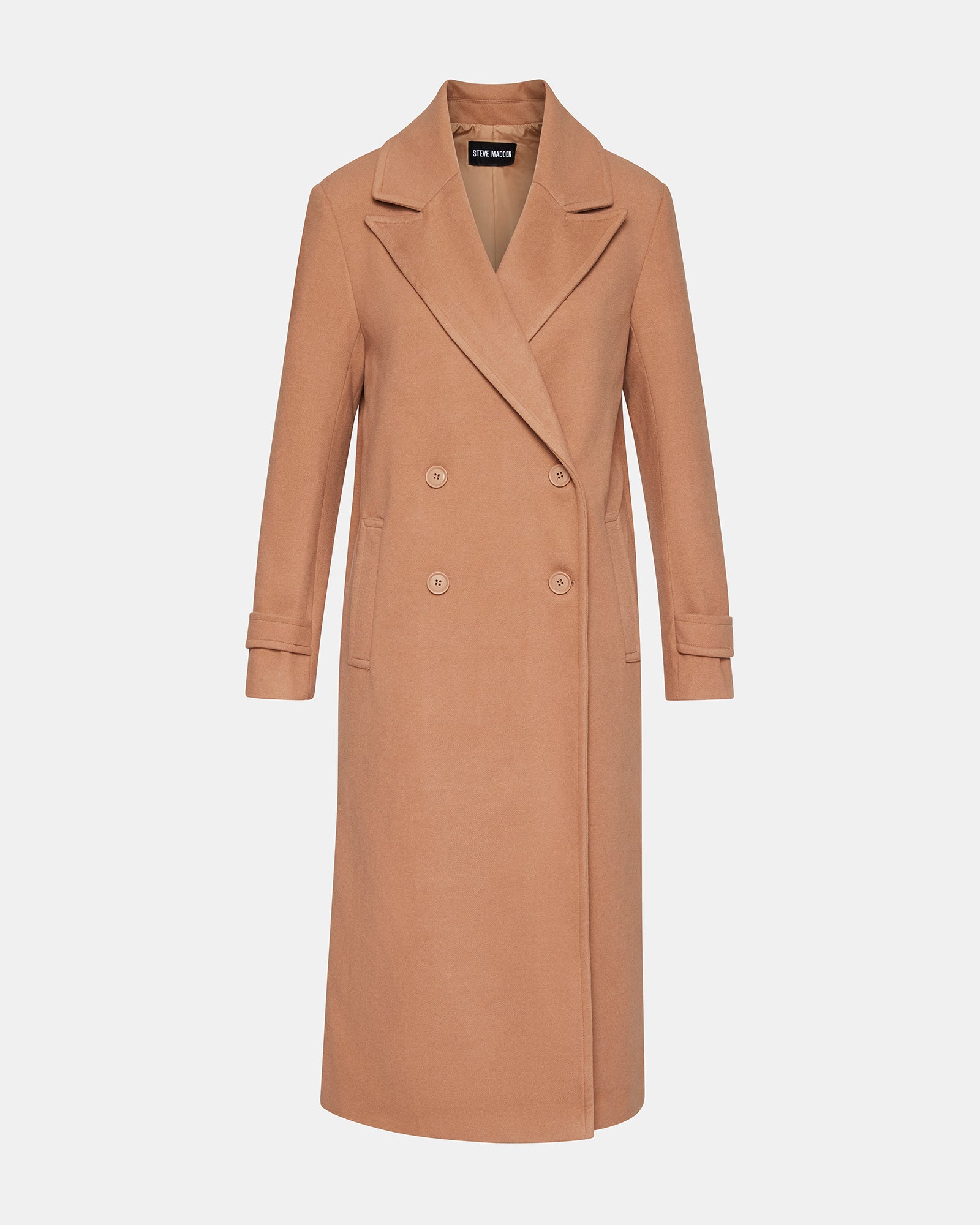 Side view of the camel hair coat, highlighting the structured silhouette and shoulder pads.