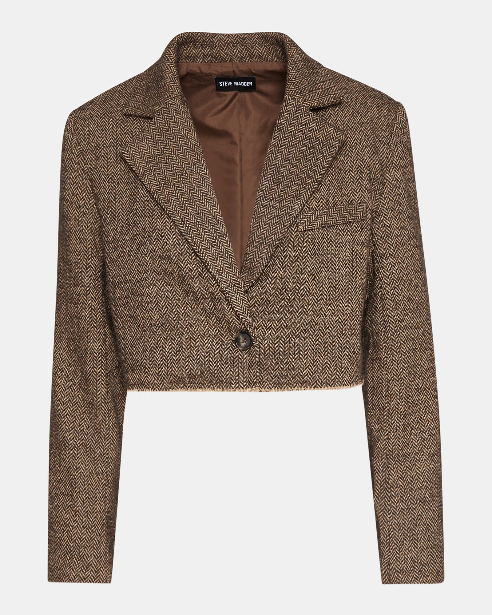 Back view showing raw hem design of cropped black blazer