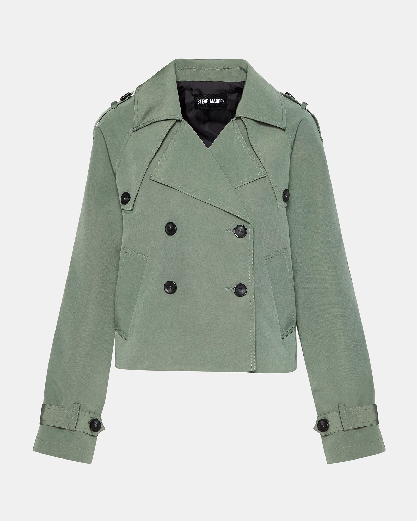 Front view of the SIRUS cropped trench coat in light green, showcasing its double-breasted design.