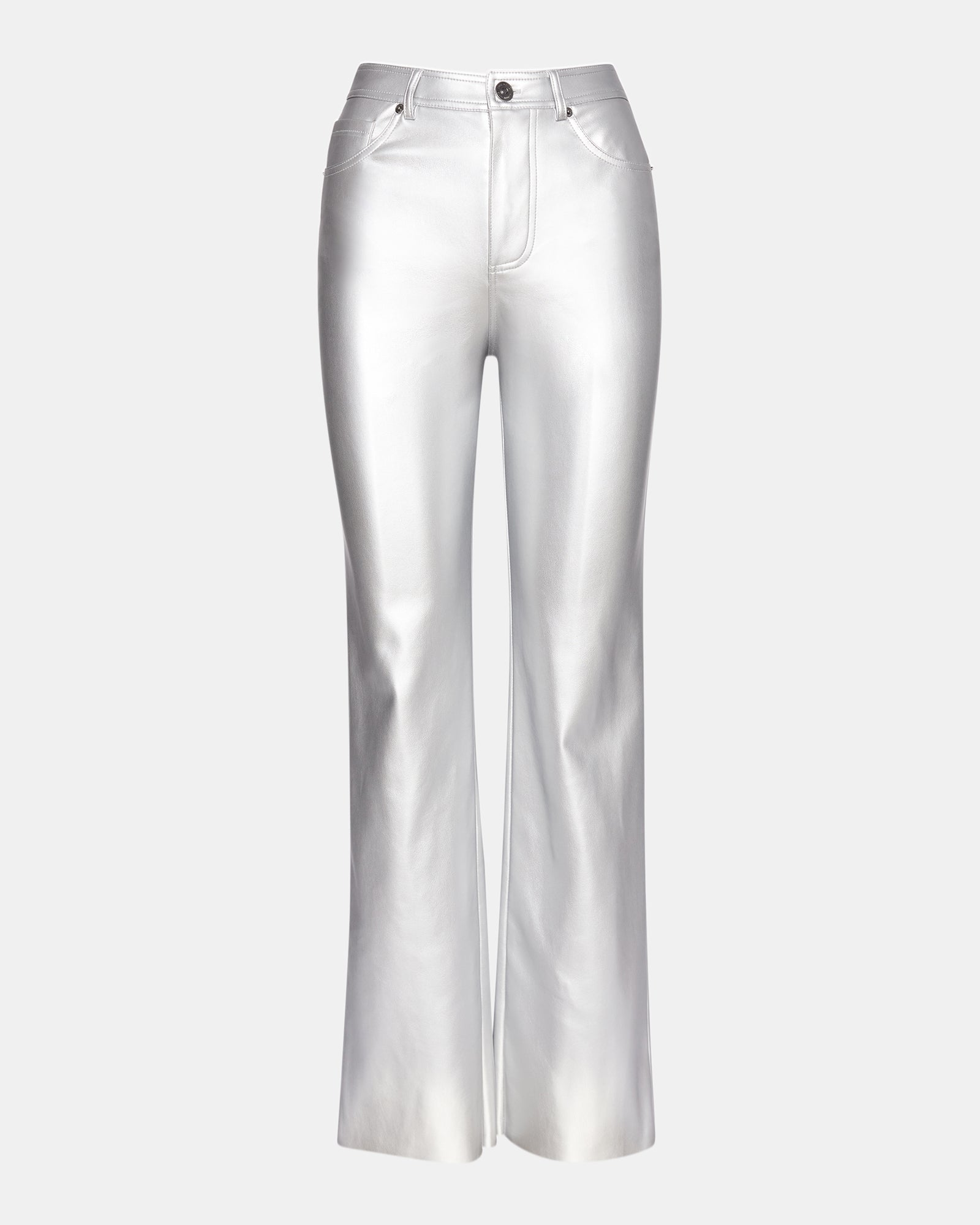 Back view of faux leather pants highlighting the sleek silhouette.