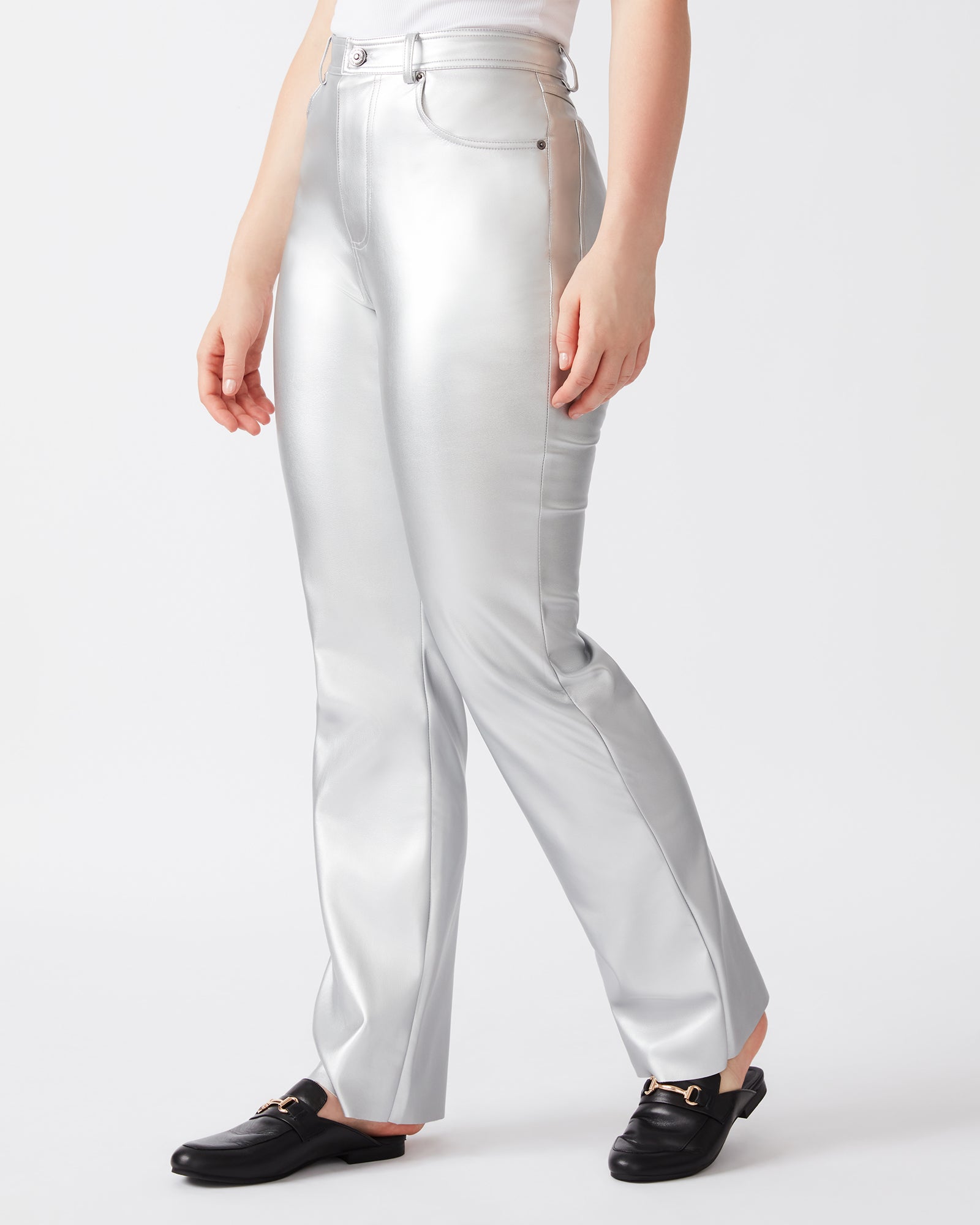 LOREN silver faux leather pants front view, paired with a blazer for a polished look.