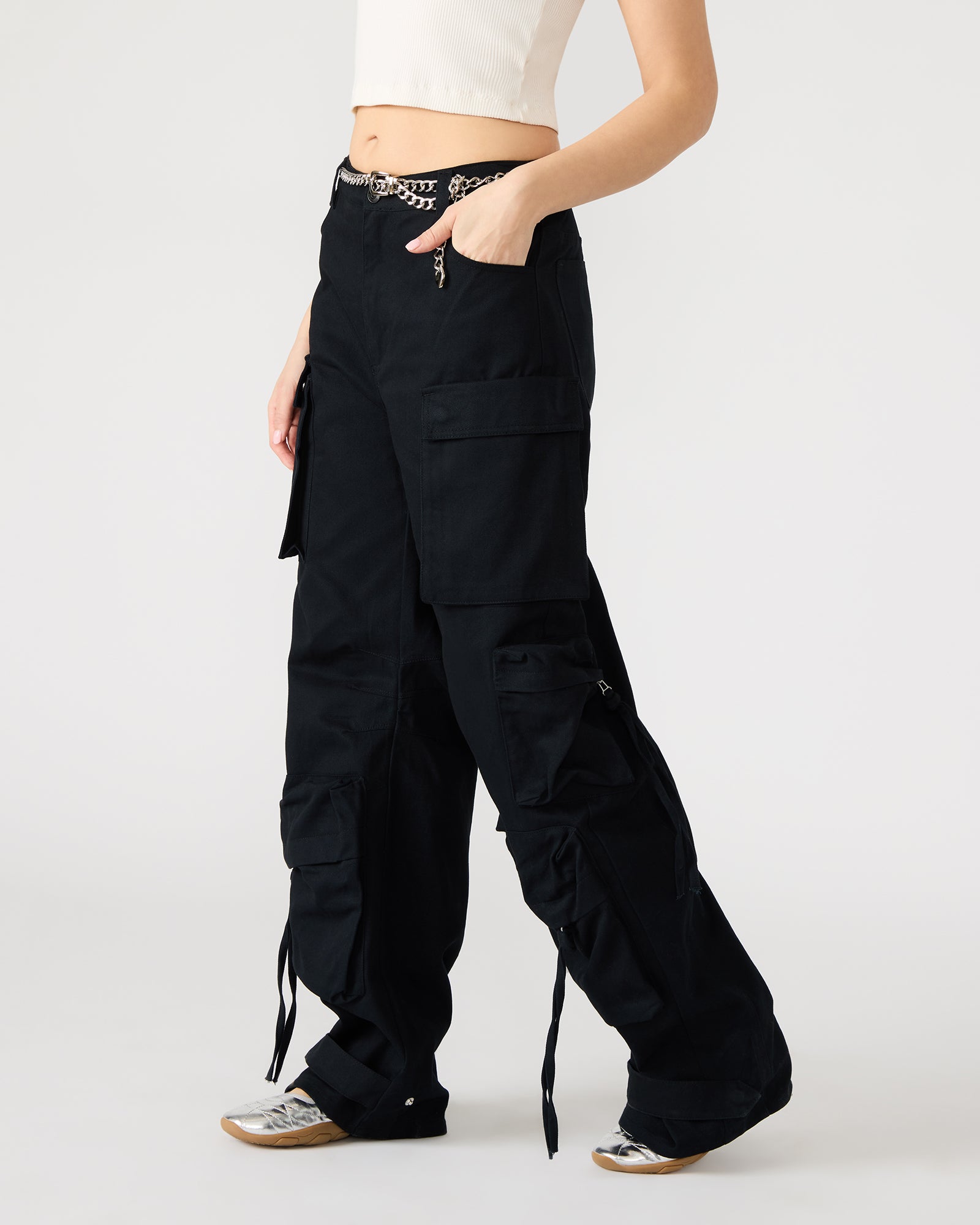 Front view of black cargo pants with pockets