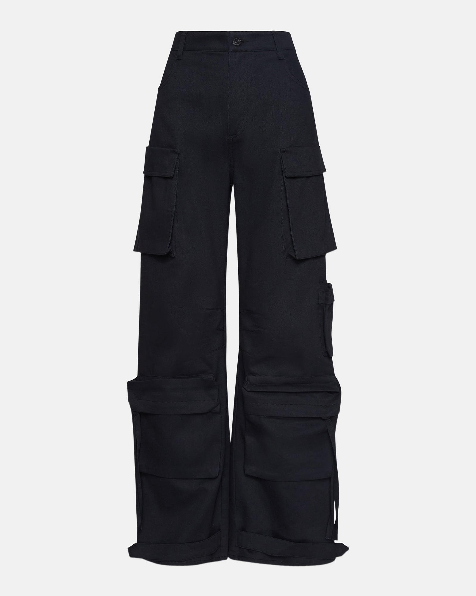 Front view of black cargo pants with pockets