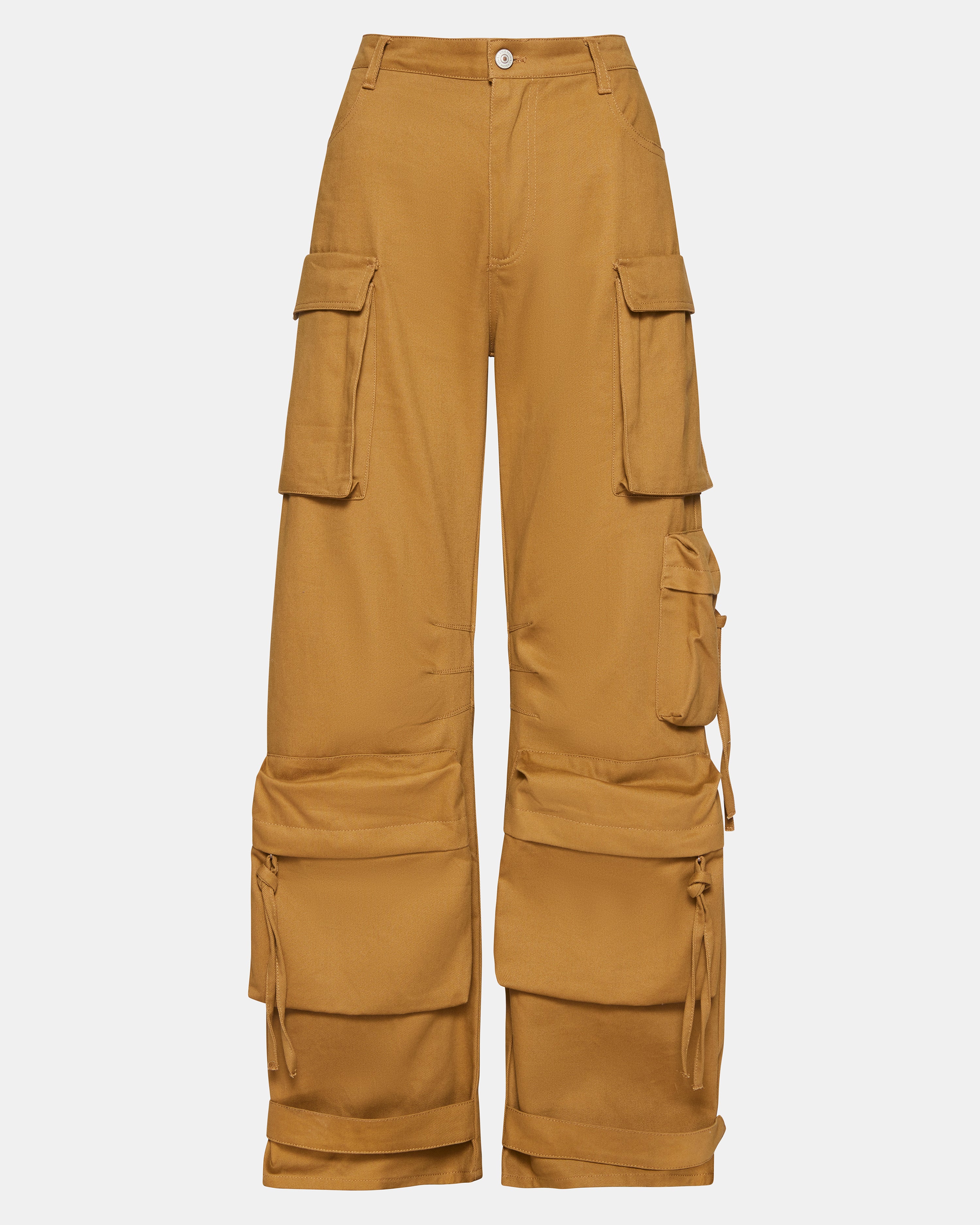 Front view of versatile khaki cargo pants with adjustable ankle straps.