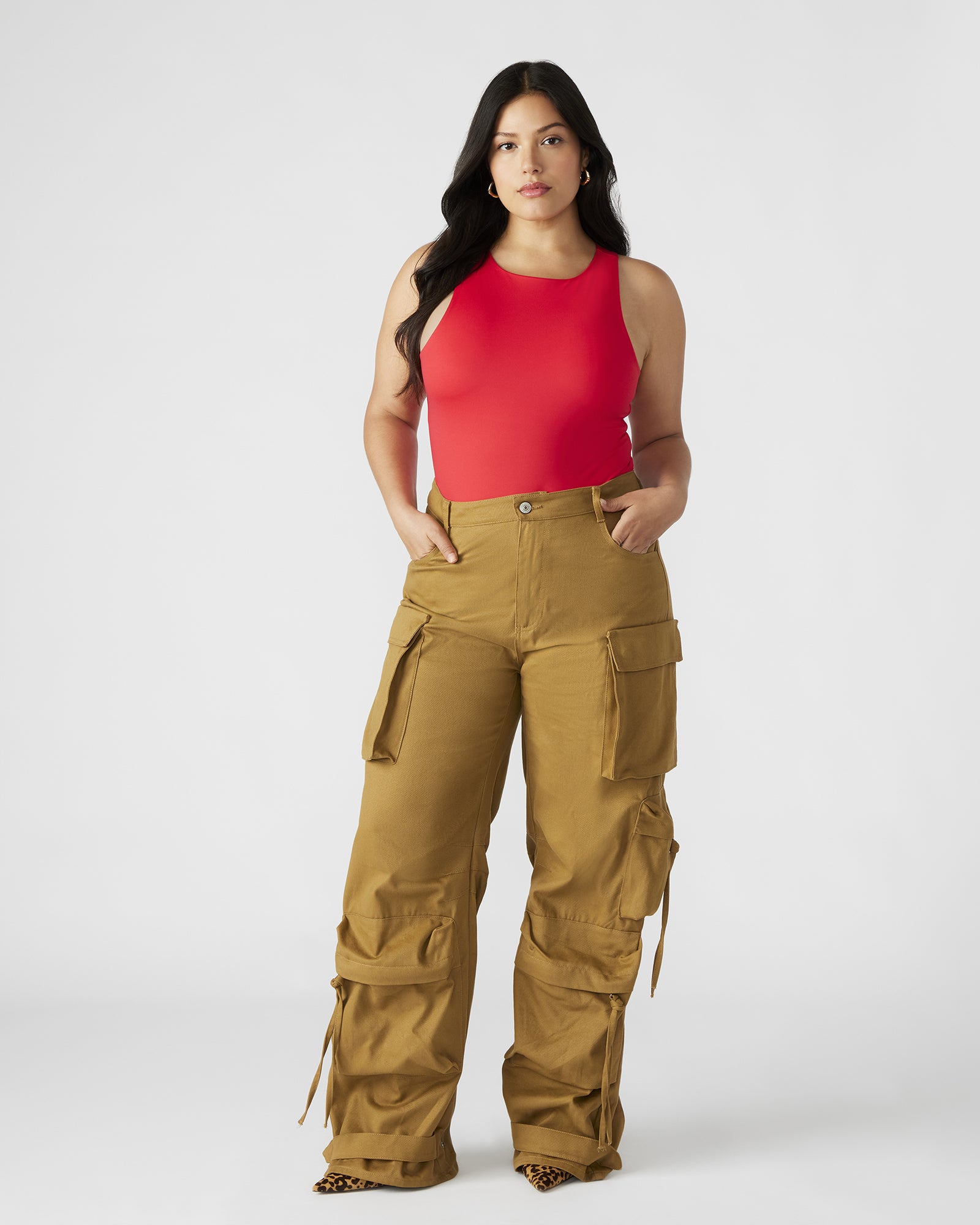 Side view showing the spacious cargo pockets of the womens cargo pants.