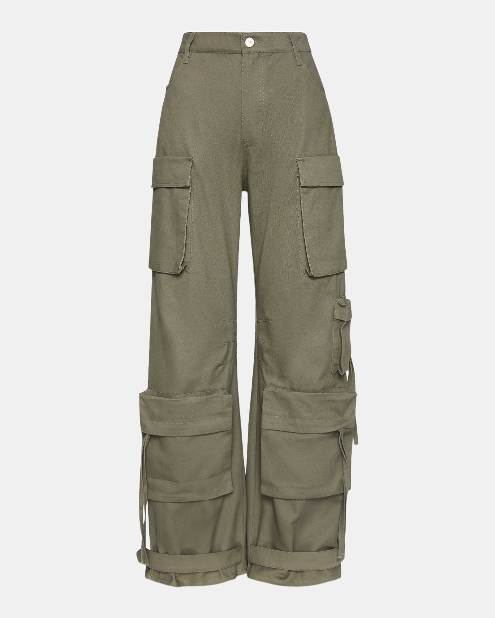 Front view of DUO olive wide leg cargo pants showing adjustable ankle straps
