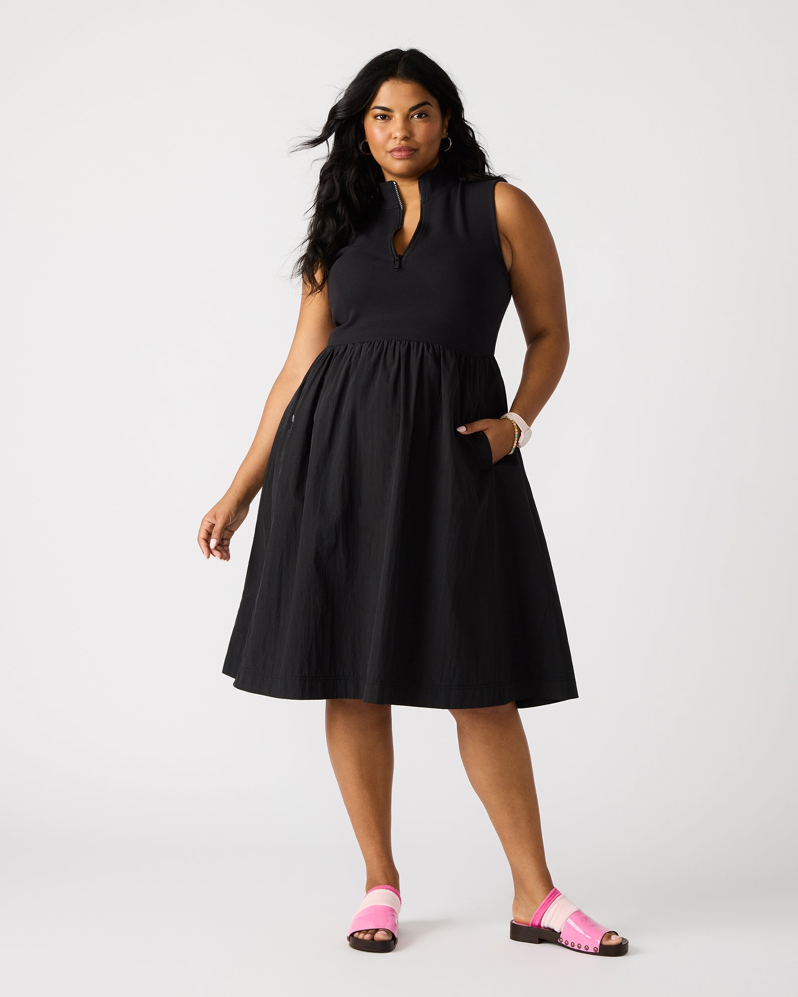 Front view of the Berlin Midi Dress in black, styled for a casual spring day.