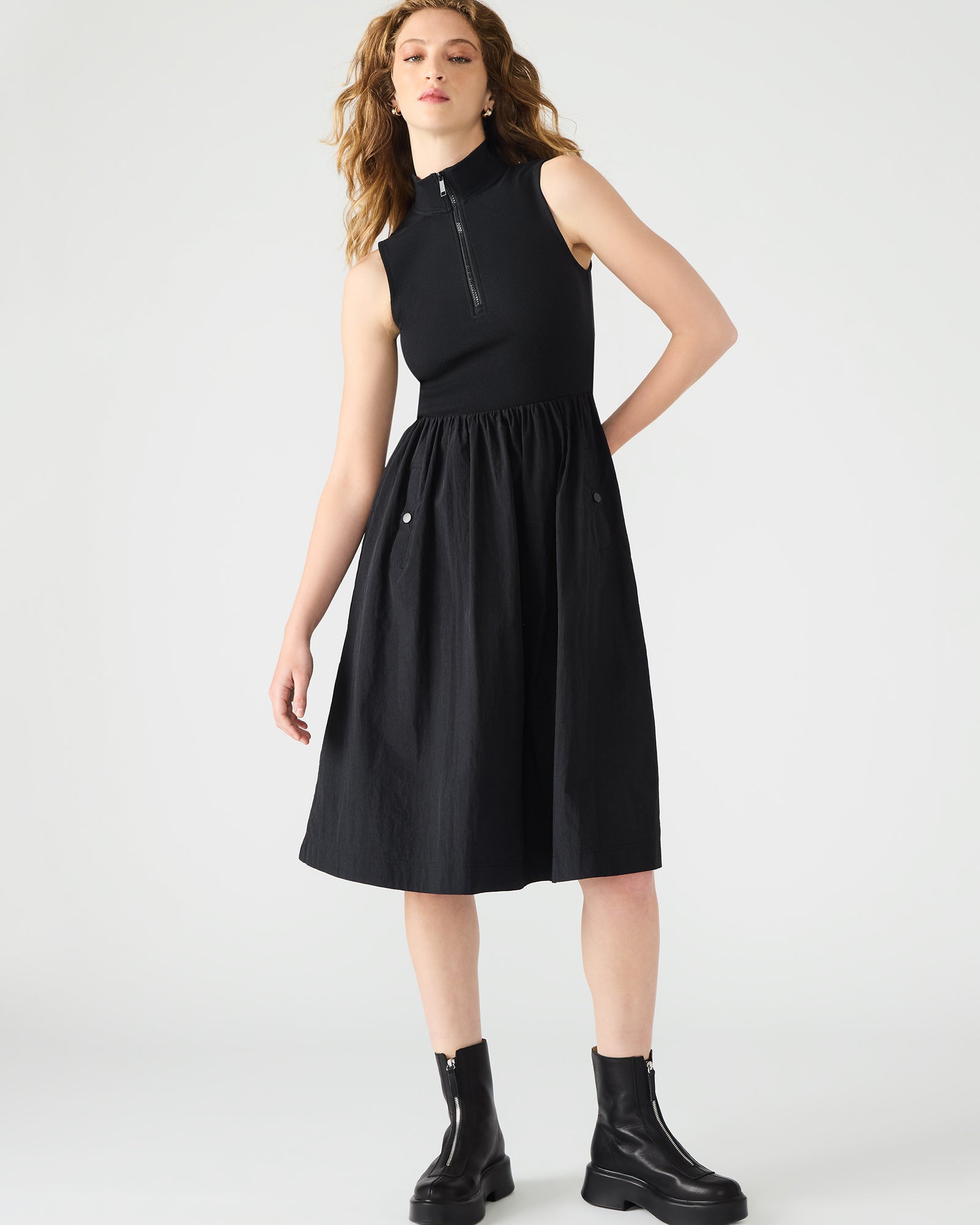 Back view of the Berlin Midi Dress, highlighting the zipper and mock neck.