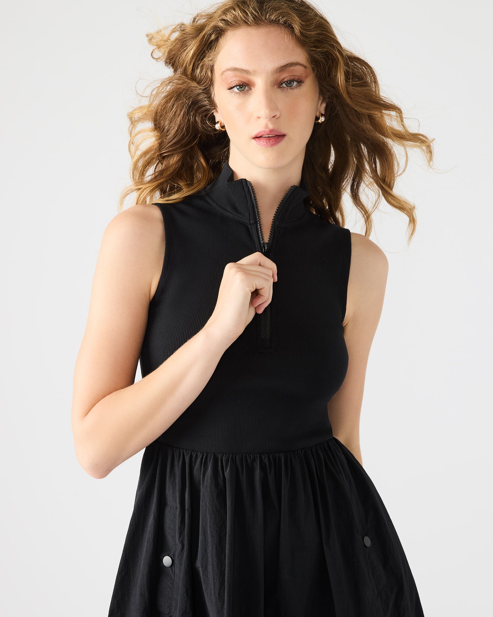 Front view of the Berlin Midi Dress in black, styled for a casual spring day.