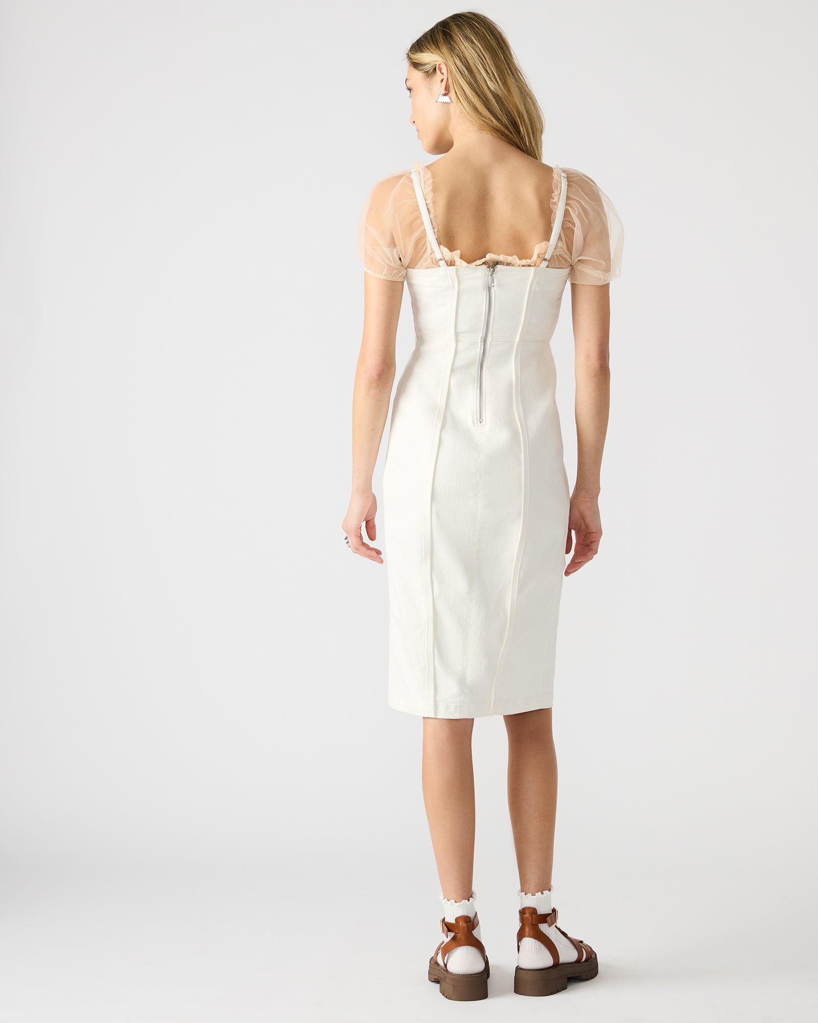 Front view of Giselle white denim midi dress showcasing adjustable straps.