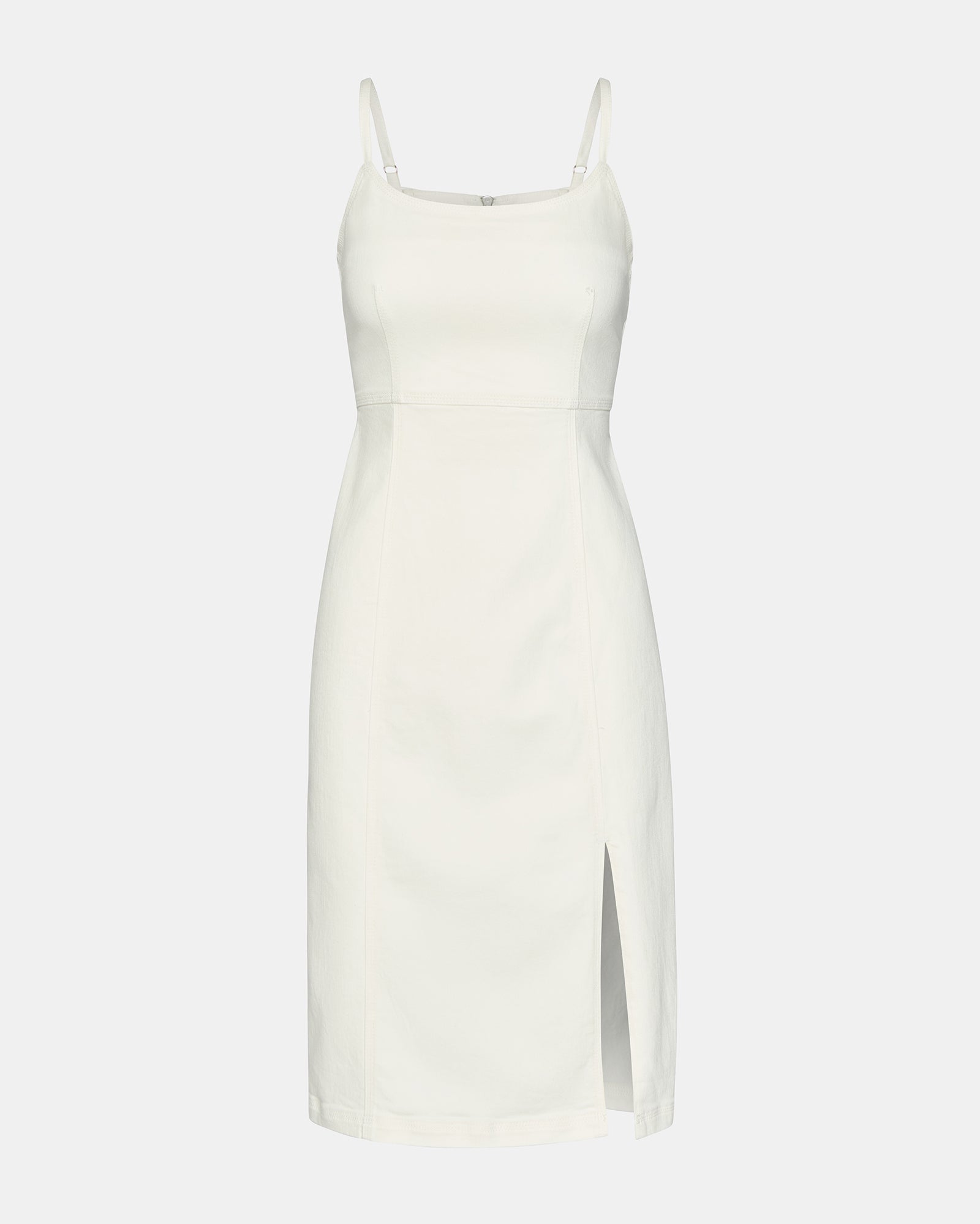 Front view of Giselle white denim midi dress showcasing adjustable straps.