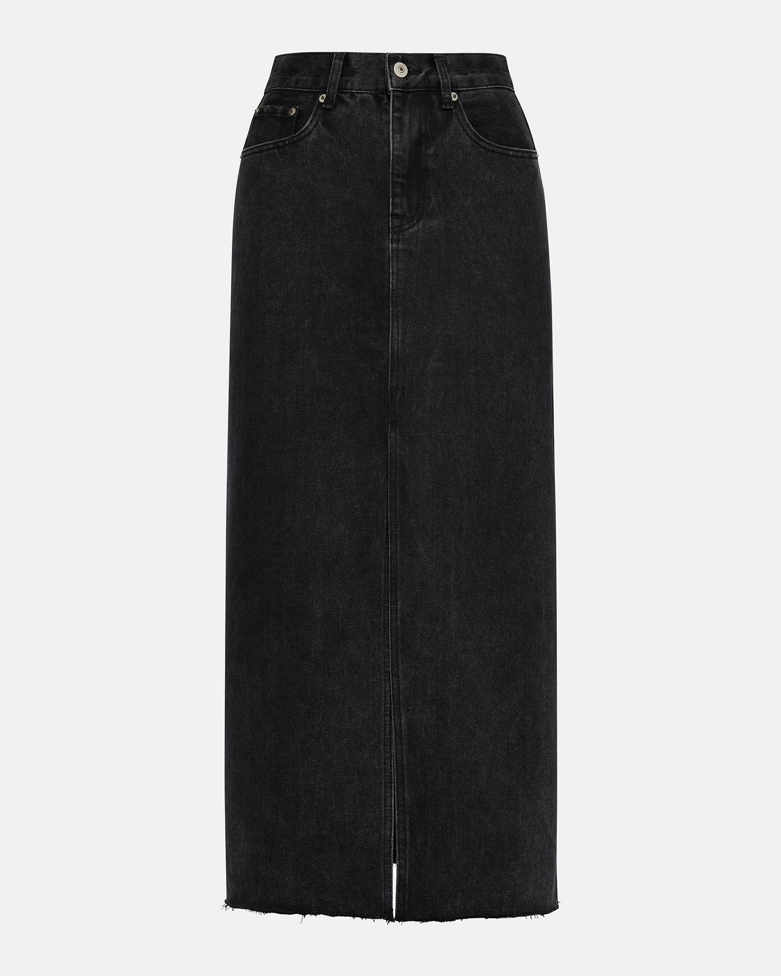 Model wearing the denim maxi skirt in a casual outdoor setting.