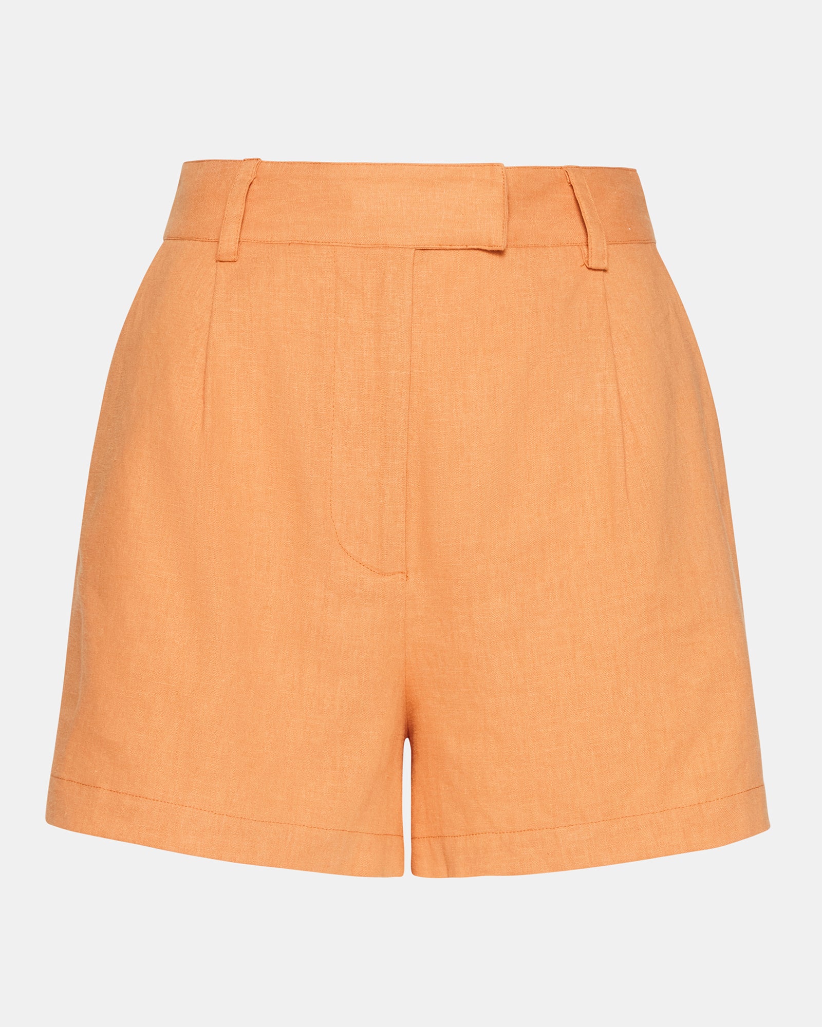 Back view of Imelda womens linen shorts, featuring nonfunctional pockets.
