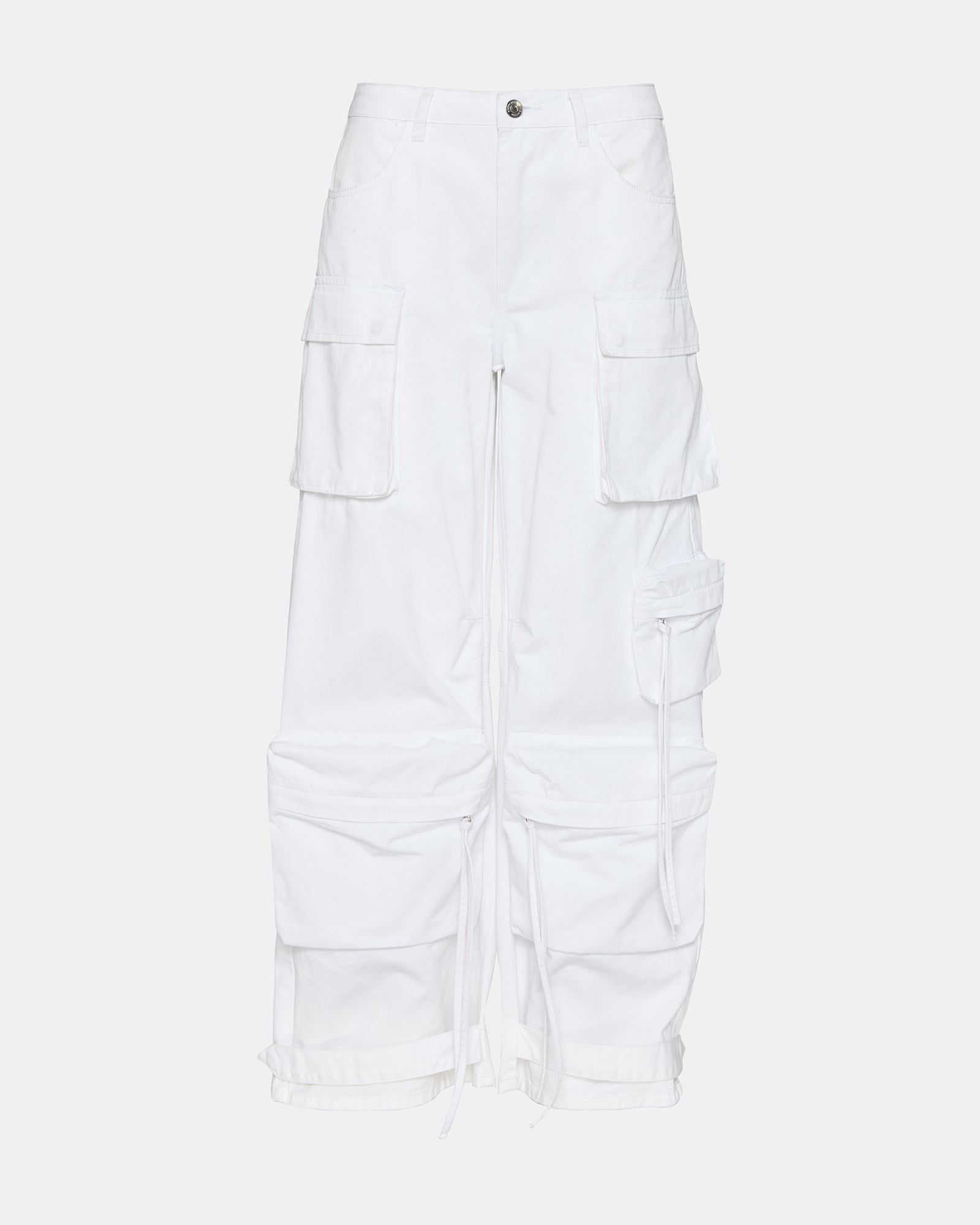Side view of Duo Wide Leg Cargo Pants in White, highlighting adjustable ankle straps and pockets.