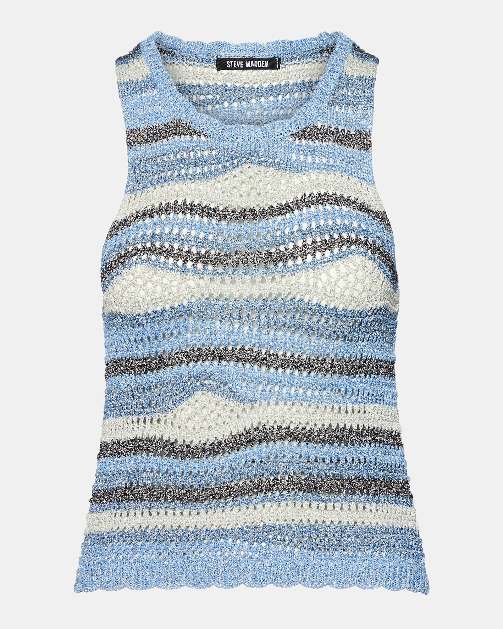 Front view of the HANNAH multi-colored crochet tank top with scalloped hem, perfect for summer style