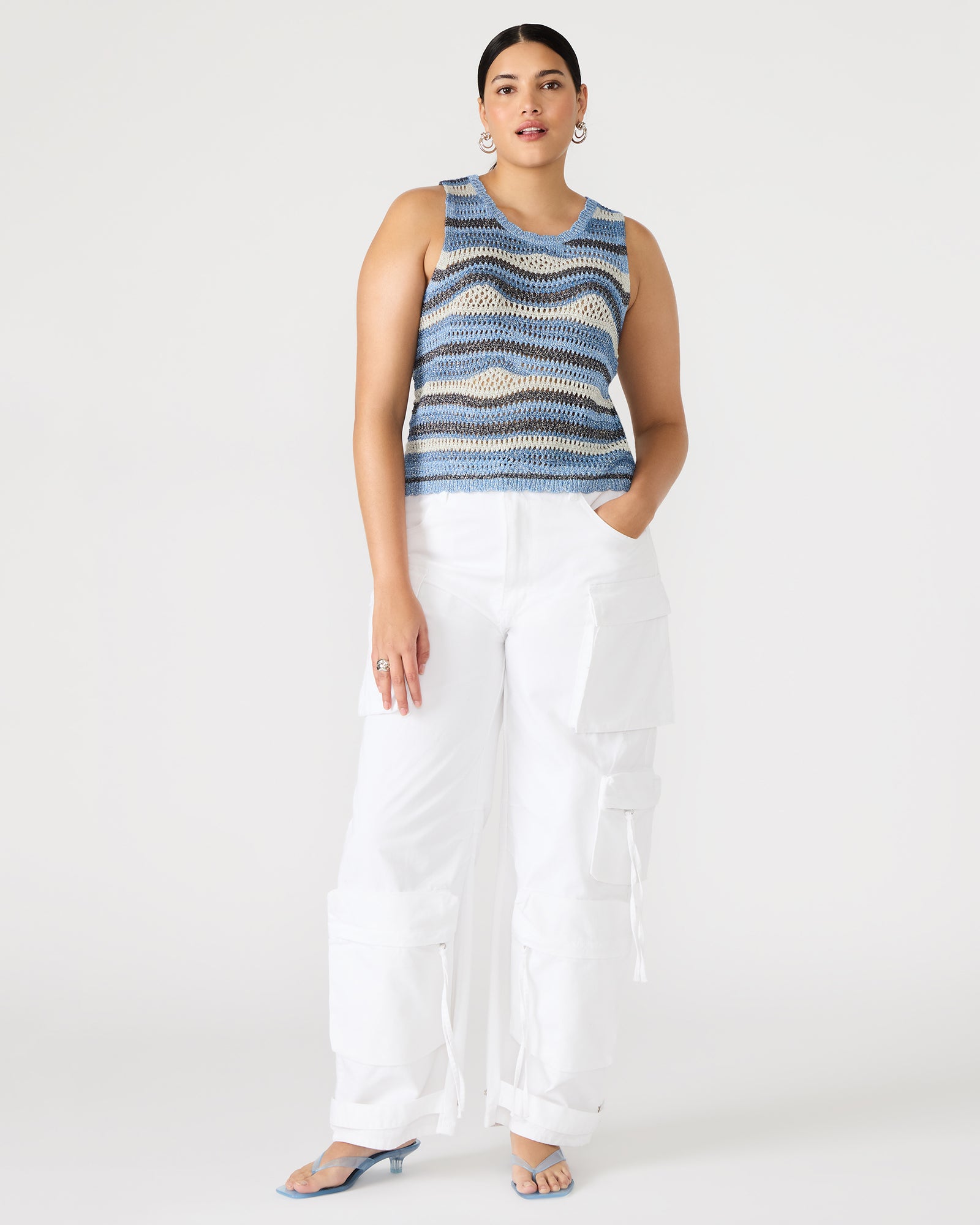 Front view of the HANNAH multi-colored crochet tank top with scalloped hem, perfect for summer style